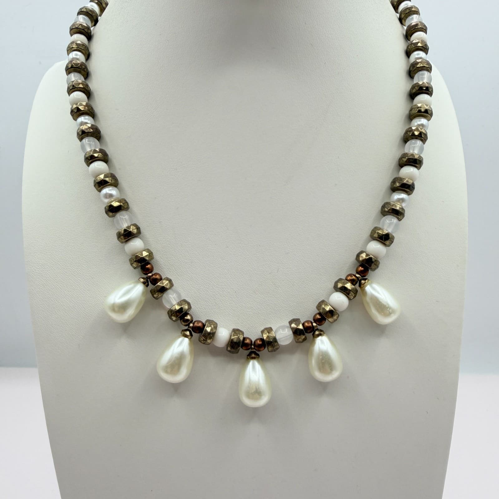 Vintage Faux Pearl Statement Necklace Bracelet Set Gold Tone Chunky Beads Drops - Thumbnail 2