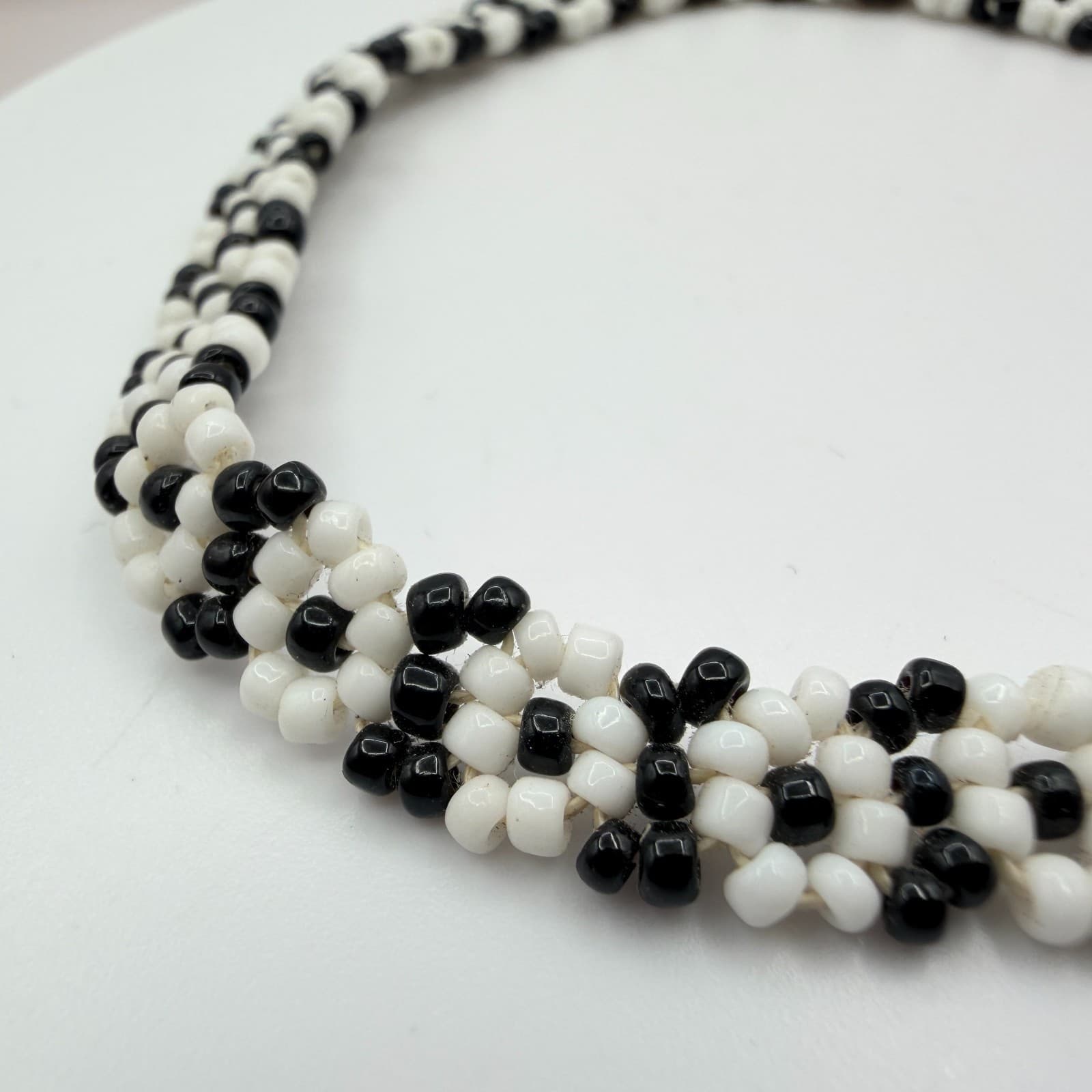 Vintage Black White Seed Bead Jewelry Set Choker Necklace Daisy Chain Bracelet - Thumbnail 10
