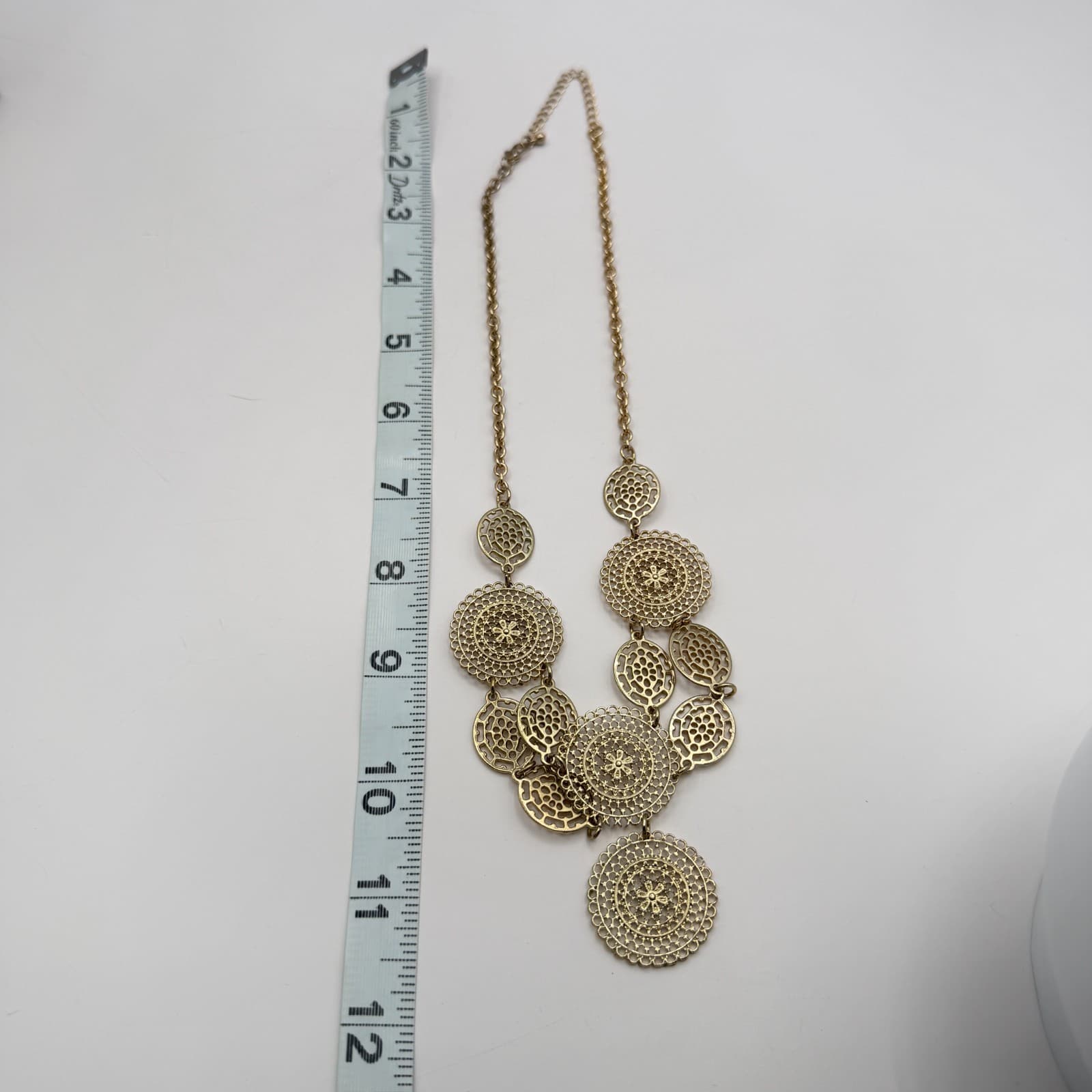 Vintage Gold Tone Filigree Medallion Bib Necklace Multi Tier Openwork Boho 90s - Thumbnail 7