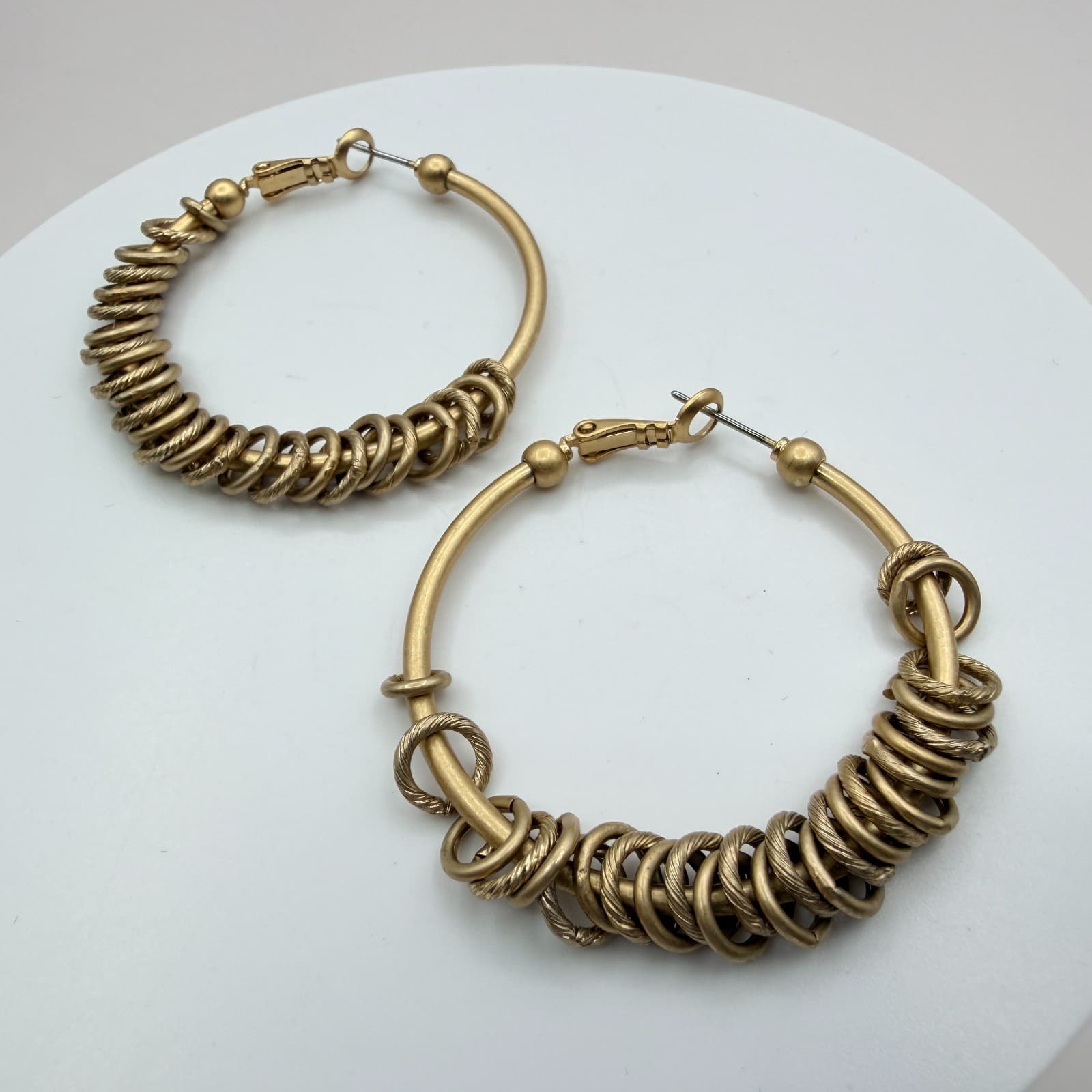 Vintage Gold Tone Hoop Earrings Textured Ribbed Multi Ring Chunky Statement Boho - Thumbnail 3
