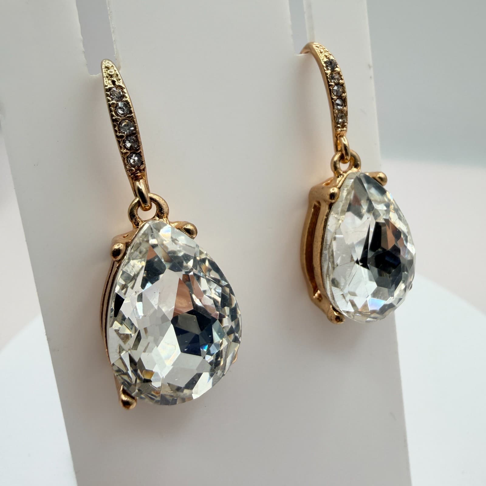 Vintage Gold Tone Rhinestone Statement Jewelry Set Necklace Drop Earrings Bridal - Thumbnail 10