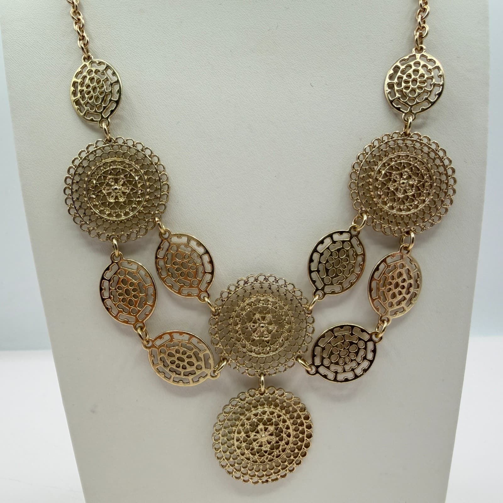Vintage Gold Tone Filigree Medallion Bib Necklace Multi Tier Openwork Boho 90s - Thumbnail 4
