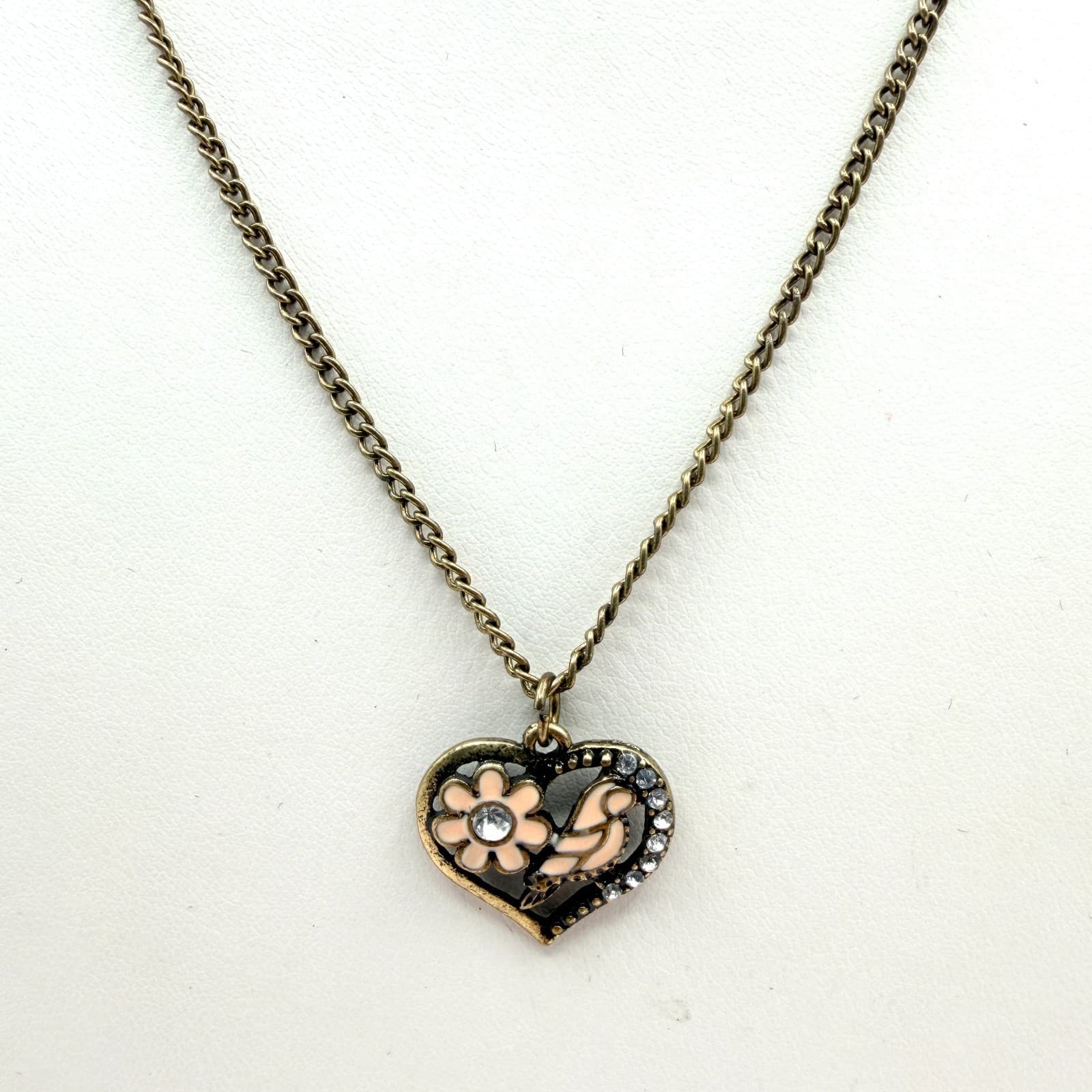 Vintage Bronze Tone Heart Pendant Necklace Pink Enamel Bird Flower Rhinestone - Thumbnail 2