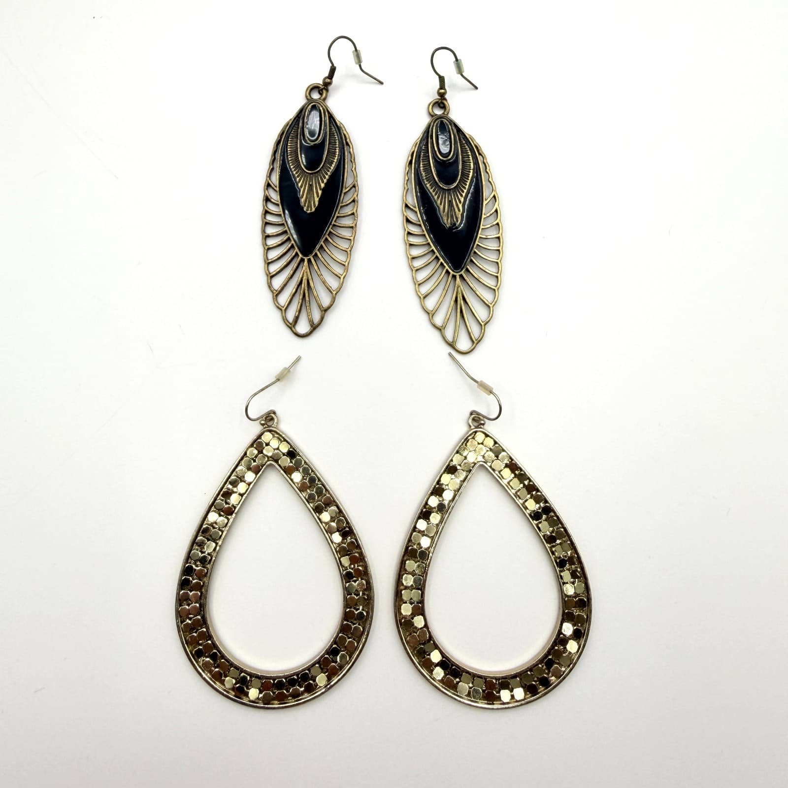 Vintage Gold Tone Dangle Earrings Lot 2 Pairs Teardrop Filigree Enamel Statement