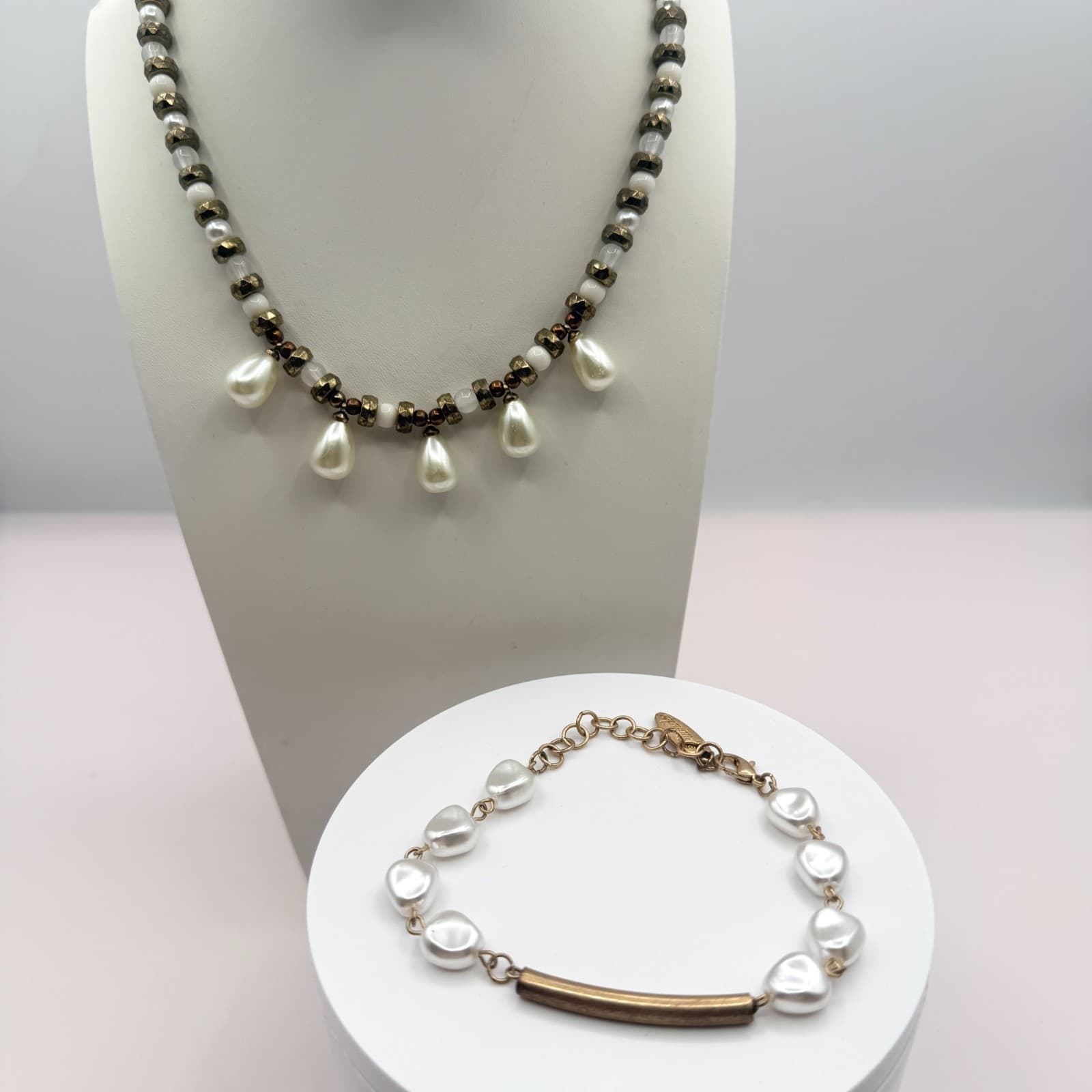 Vintage Faux Pearl Statement Necklace Bracelet Set Gold Tone Chunky Beads Drops