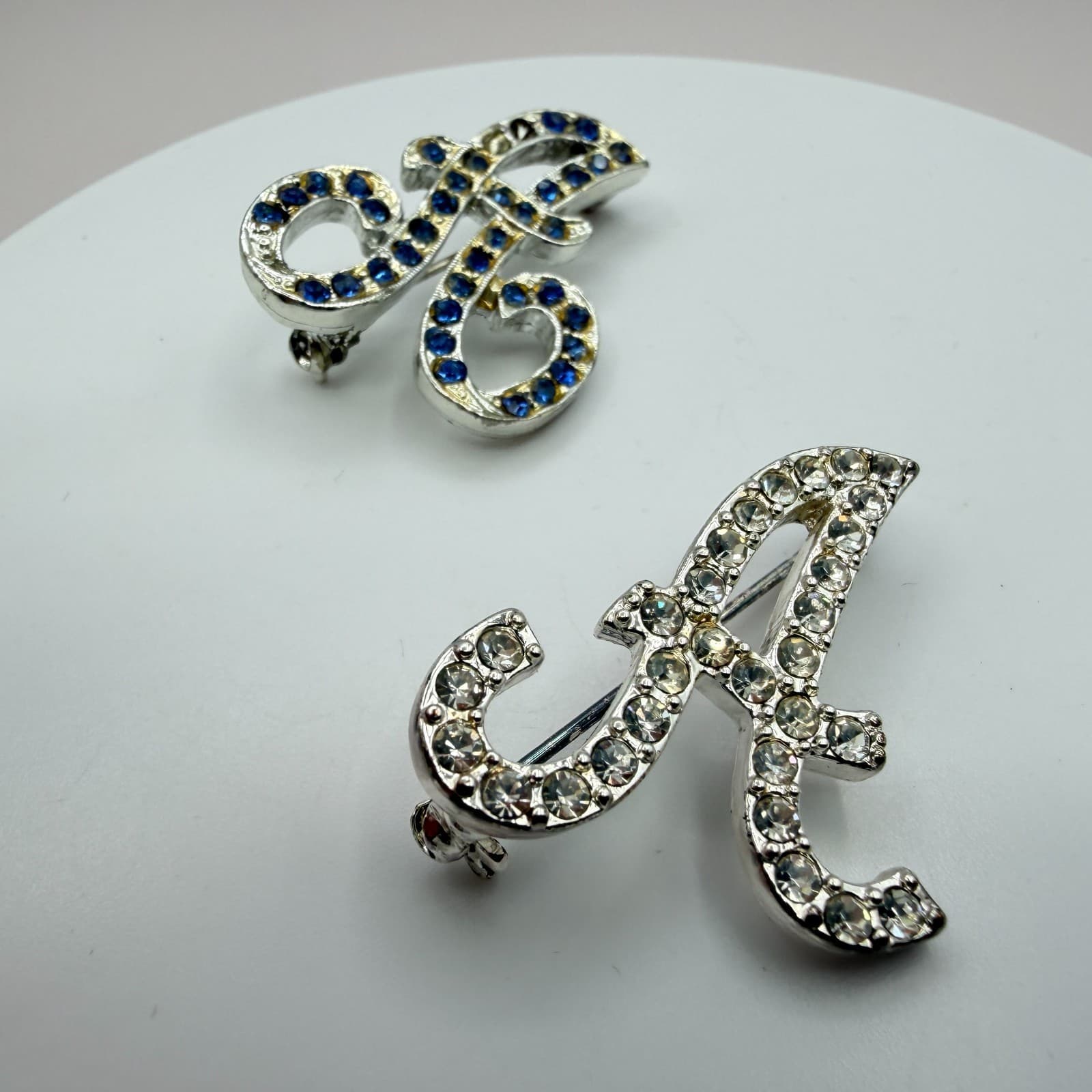 Vintage Silver Tone Initial Letter A Brooch Pin Set Rhinestone Monogram Cursive - Thumbnail 4