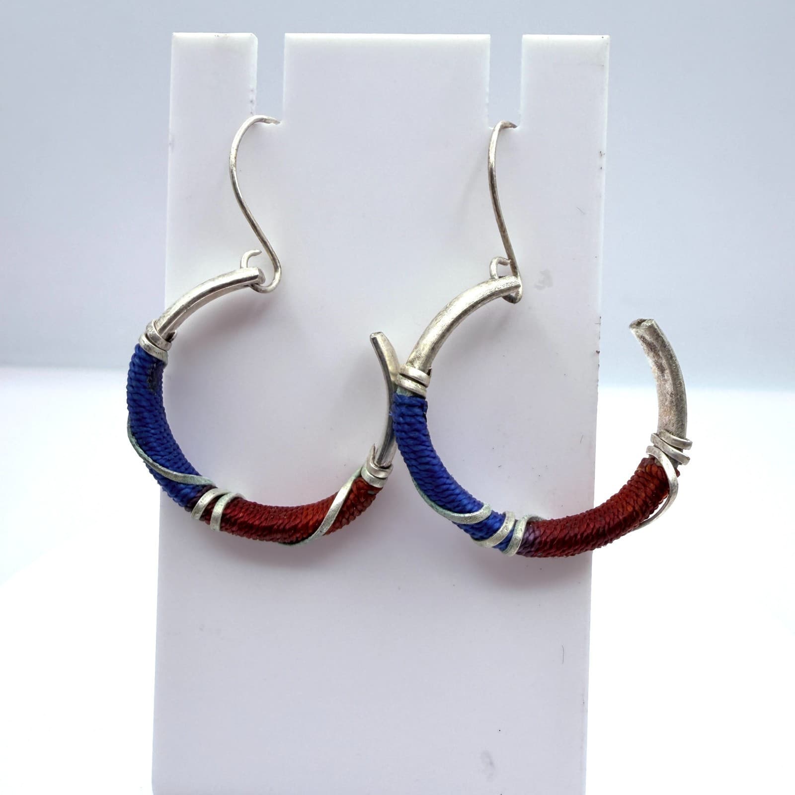 Vintage Silver Tone Thread Wrapped Jewelry Set Collar Necklace Cuff Hoop Earring - Thumbnail 11