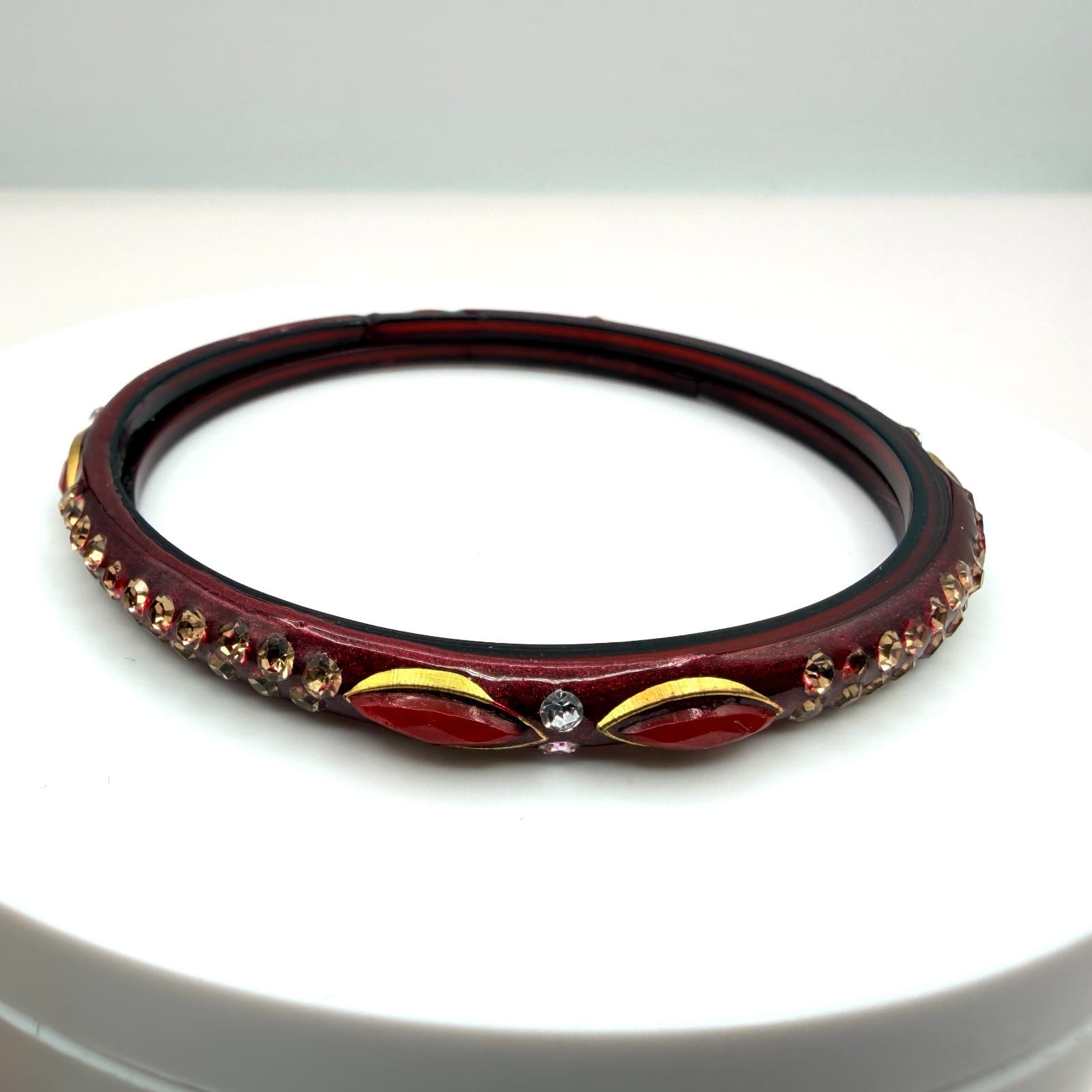 Vintage Dark Red Bangle Bracelet Rhinestone Accents Slim Stackable Retro Boho