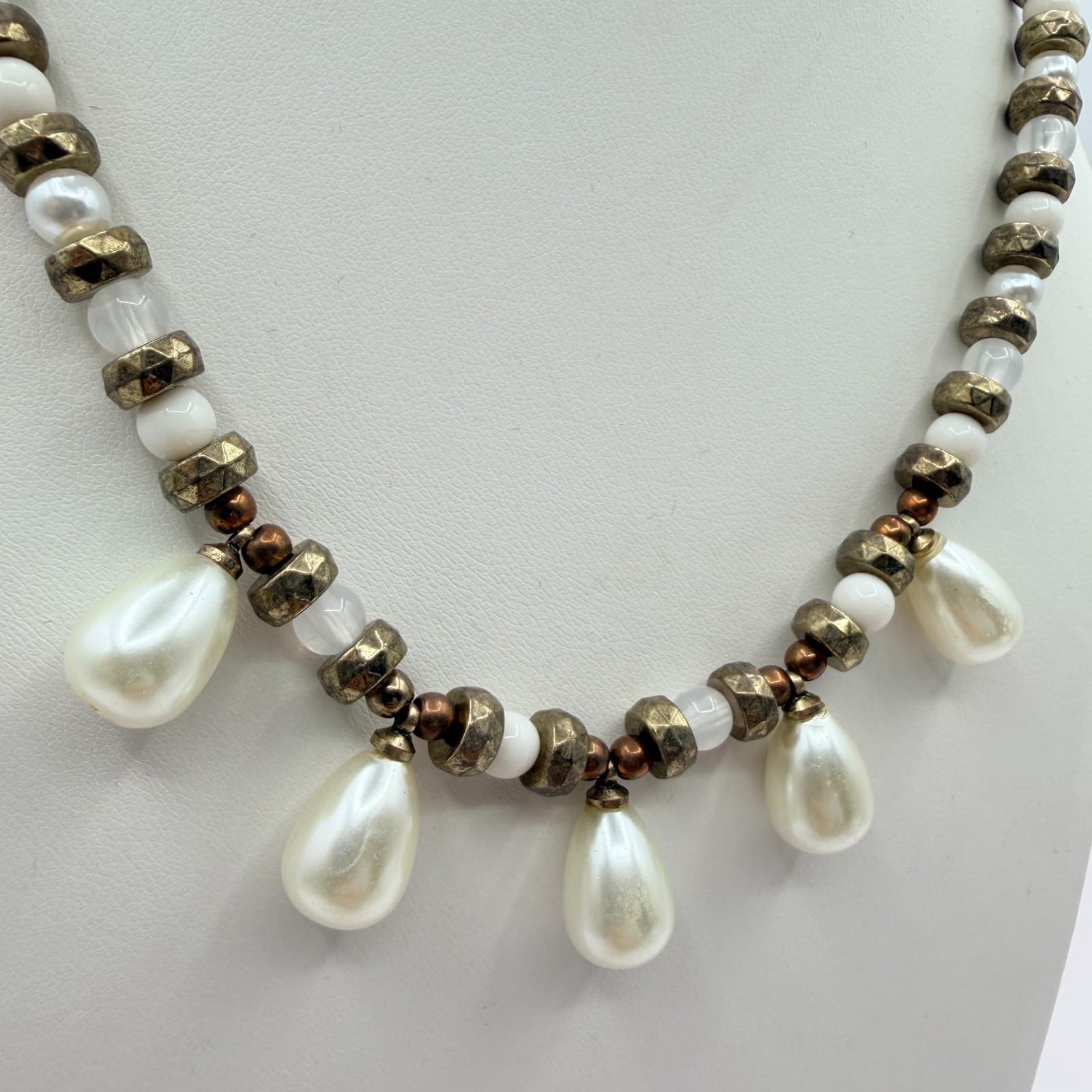 Vintage Faux Pearl Statement Necklace Bracelet Set Gold Tone Chunky Beads Drops - Thumbnail 6
