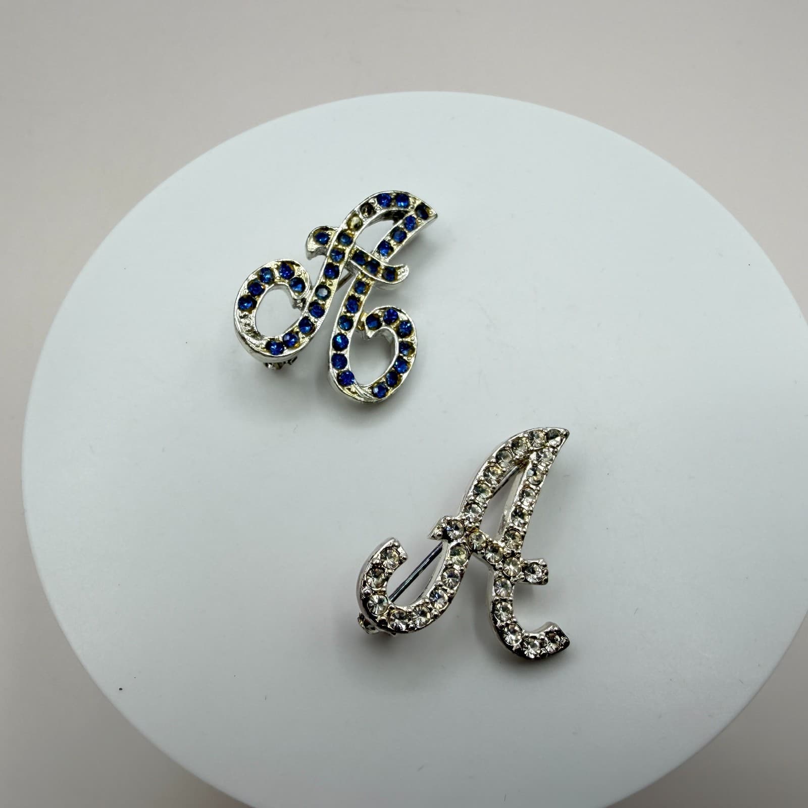 Vintage Silver Tone Initial Letter A Brooch Pin Set Rhinestone Monogram Cursive - Thumbnail 5