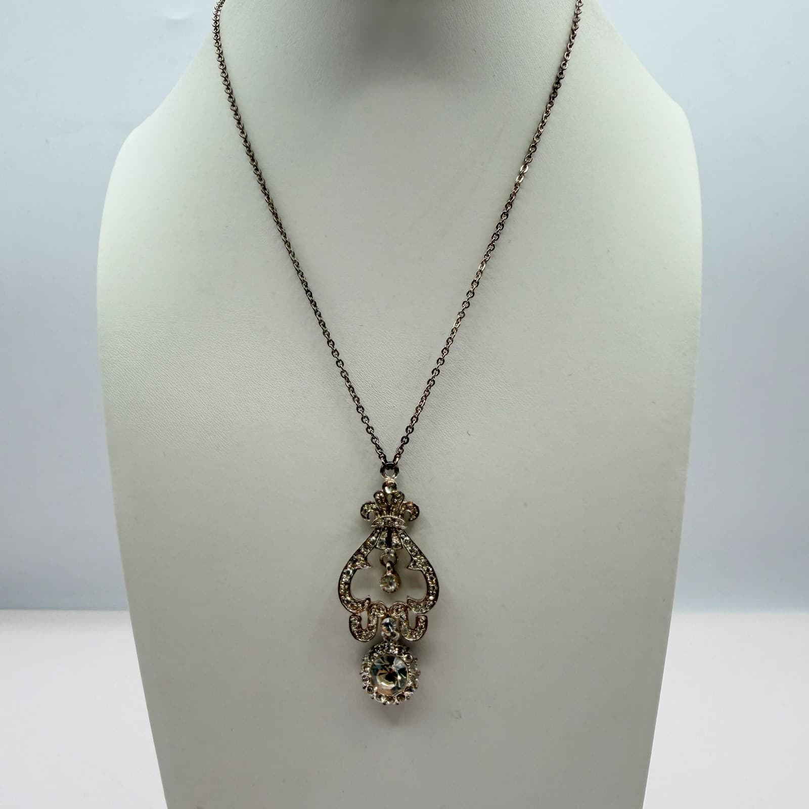 Vintage Silver Tone Lavalier Pendant Necklace Rhinestone Openwork Dainty Boho - Thumbnail 4