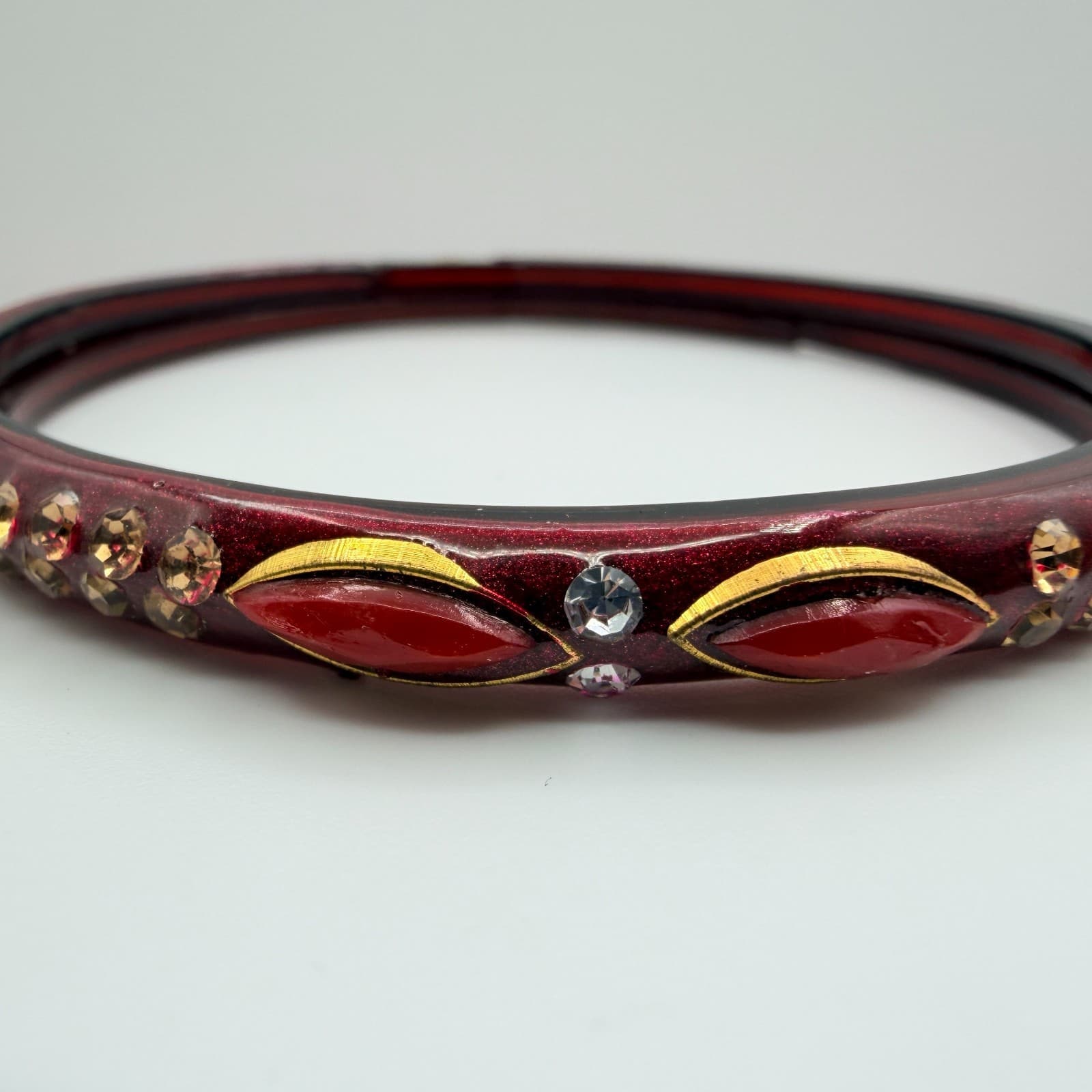 Vintage Dark Red Bangle Bracelet Rhinestone Accents Slim Stackable Retro Boho - Thumbnail 5