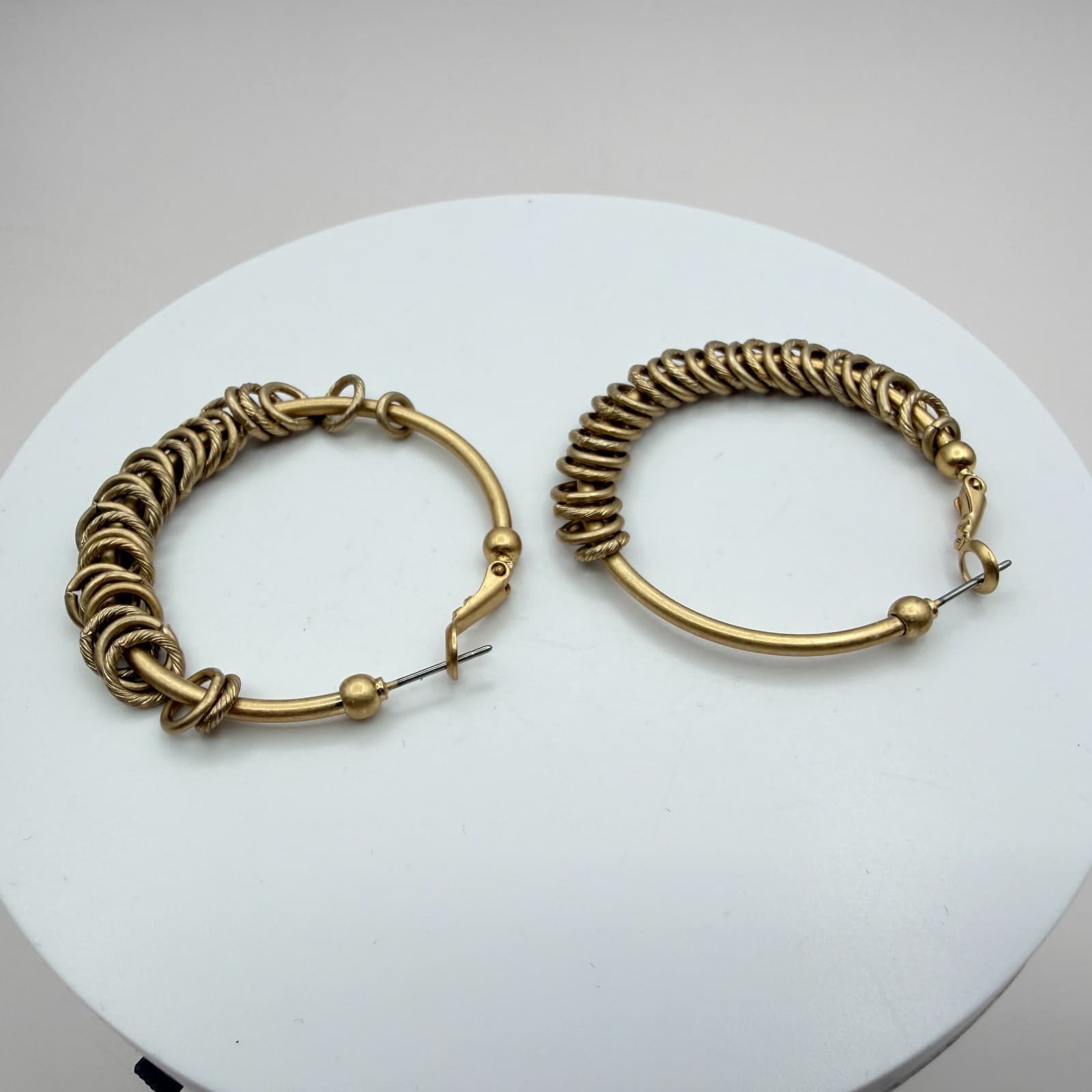 Vintage Gold Tone Hoop Earrings Textured Ribbed Multi Ring Chunky Statement Boho - Thumbnail 5