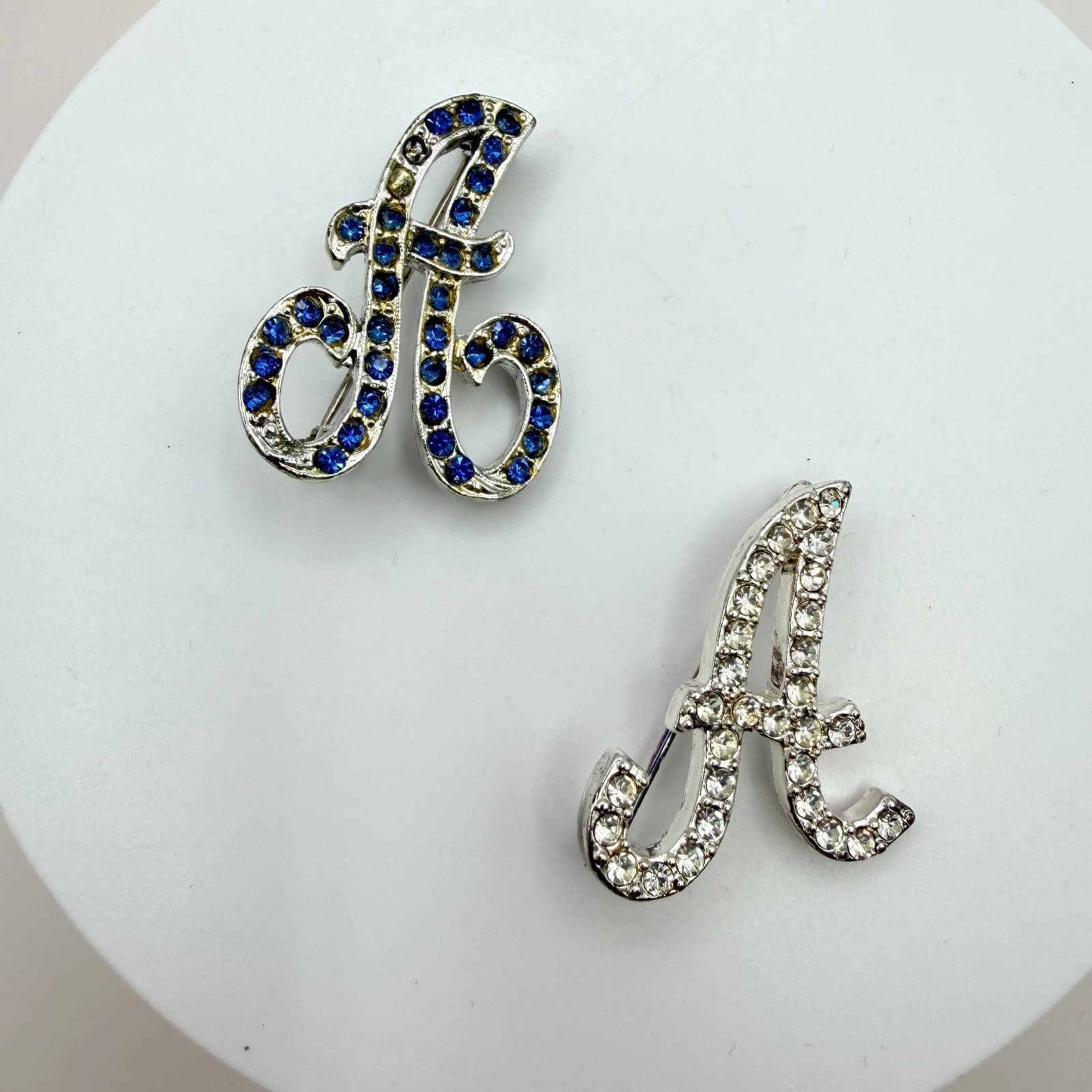 Vintage Silver Tone Initial Letter A Brooch Pin Set Rhinestone Monogram Cursive