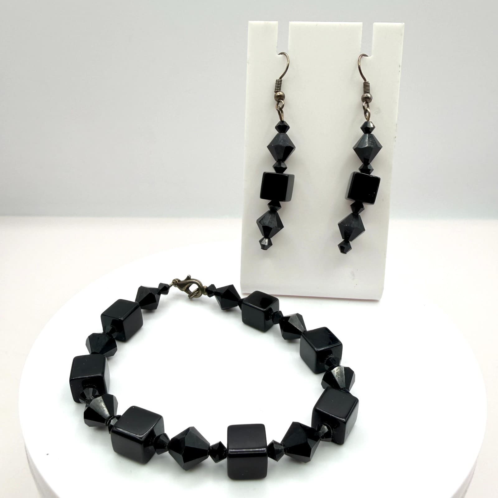 Vintage Black Beaded Bracelet Dangle Earrings Set Gunmetal Tone Geometric Goth
