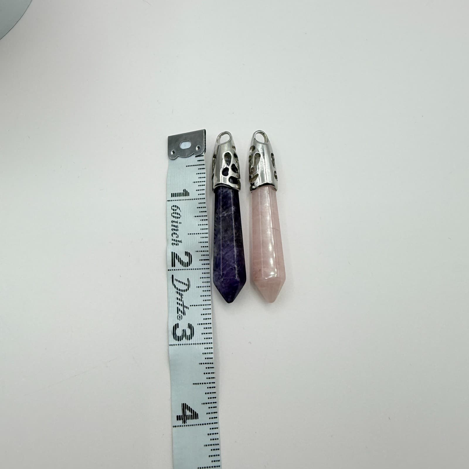 Vintage Silver Tone Amethyst Rose Quartz Crystal Pendant Lot 2pc Pointed Pillar - Thumbnail 5