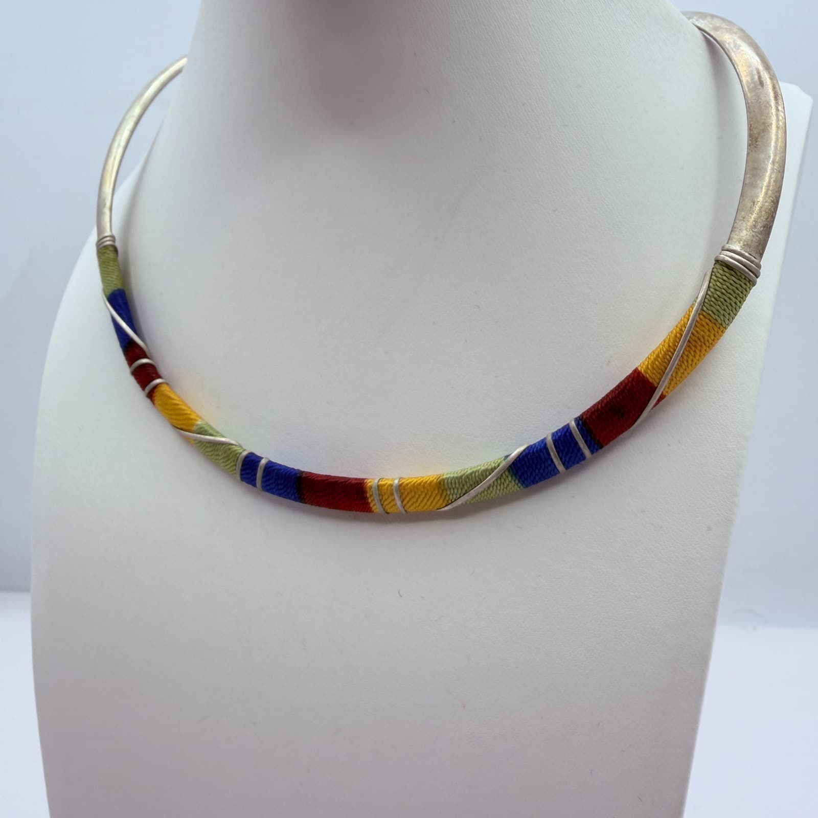 Vintage Silver Tone Thread Wrapped Jewelry Set Collar Necklace Cuff Hoop Earring - Thumbnail 5