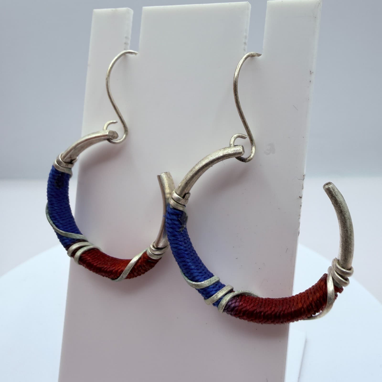 Vintage Silver Tone Thread Wrapped Jewelry Set Collar Necklace Cuff Hoop Earring - Thumbnail 14