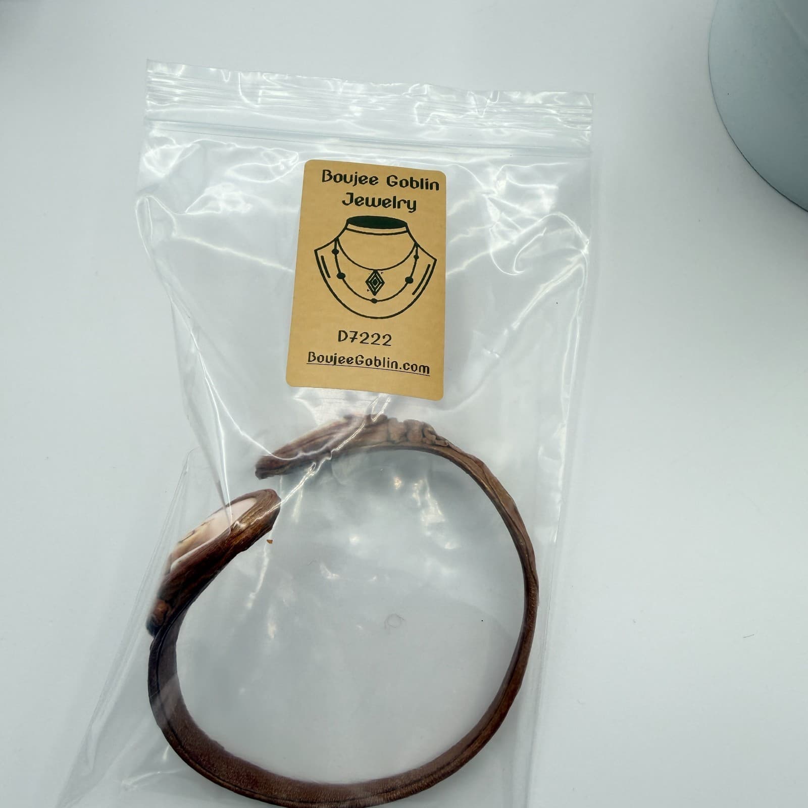 Vintage Brown Leather Cuff Bracelet Shell Inlay Open Bypass Torque Statement 90s - Thumbnail 10