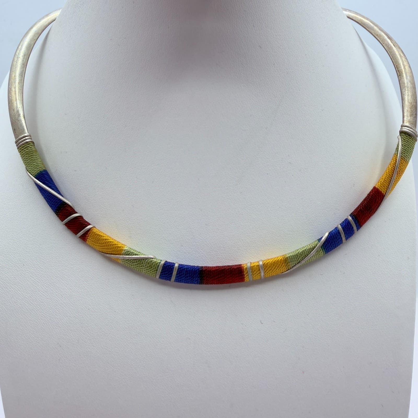Vintage Silver Tone Thread Wrapped Jewelry Set Collar Necklace Cuff Hoop Earring - Thumbnail 6