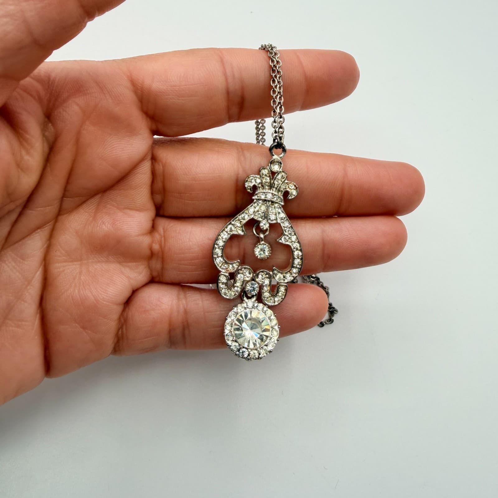 Vintage Silver Tone Lavalier Pendant Necklace Rhinestone Openwork Dainty Boho - Thumbnail 6