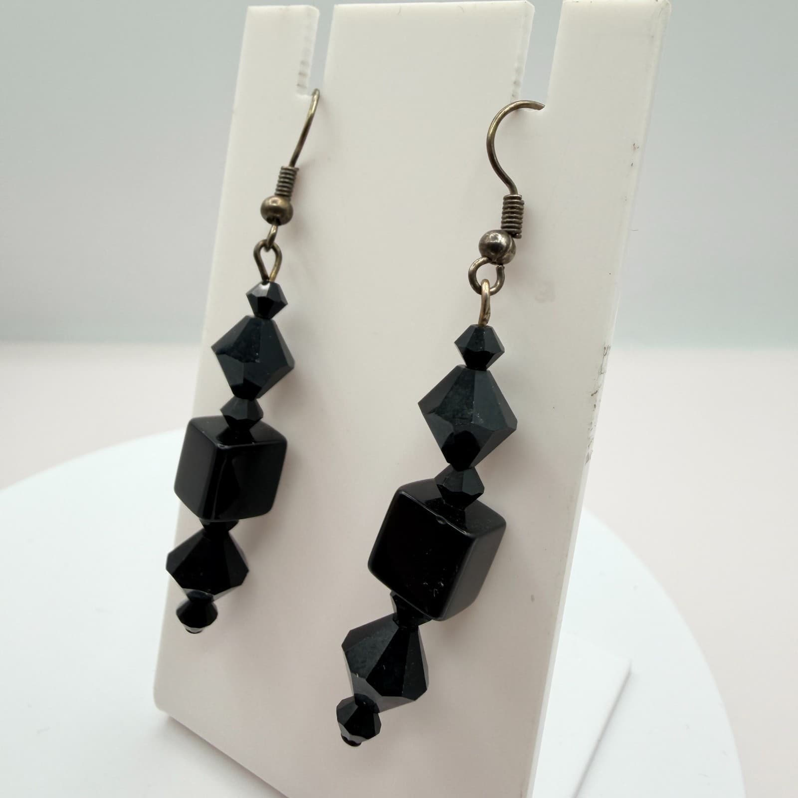 Vintage Black Beaded Bracelet Dangle Earrings Set Gunmetal Tone Geometric Goth - Thumbnail 9