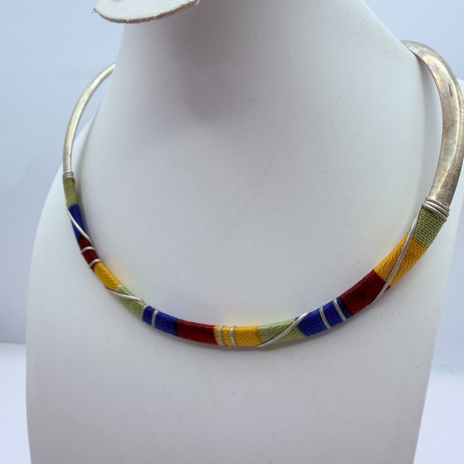 Vintage Silver Tone Thread Wrapped Jewelry Set Collar Necklace Cuff Hoop Earring - Thumbnail 4