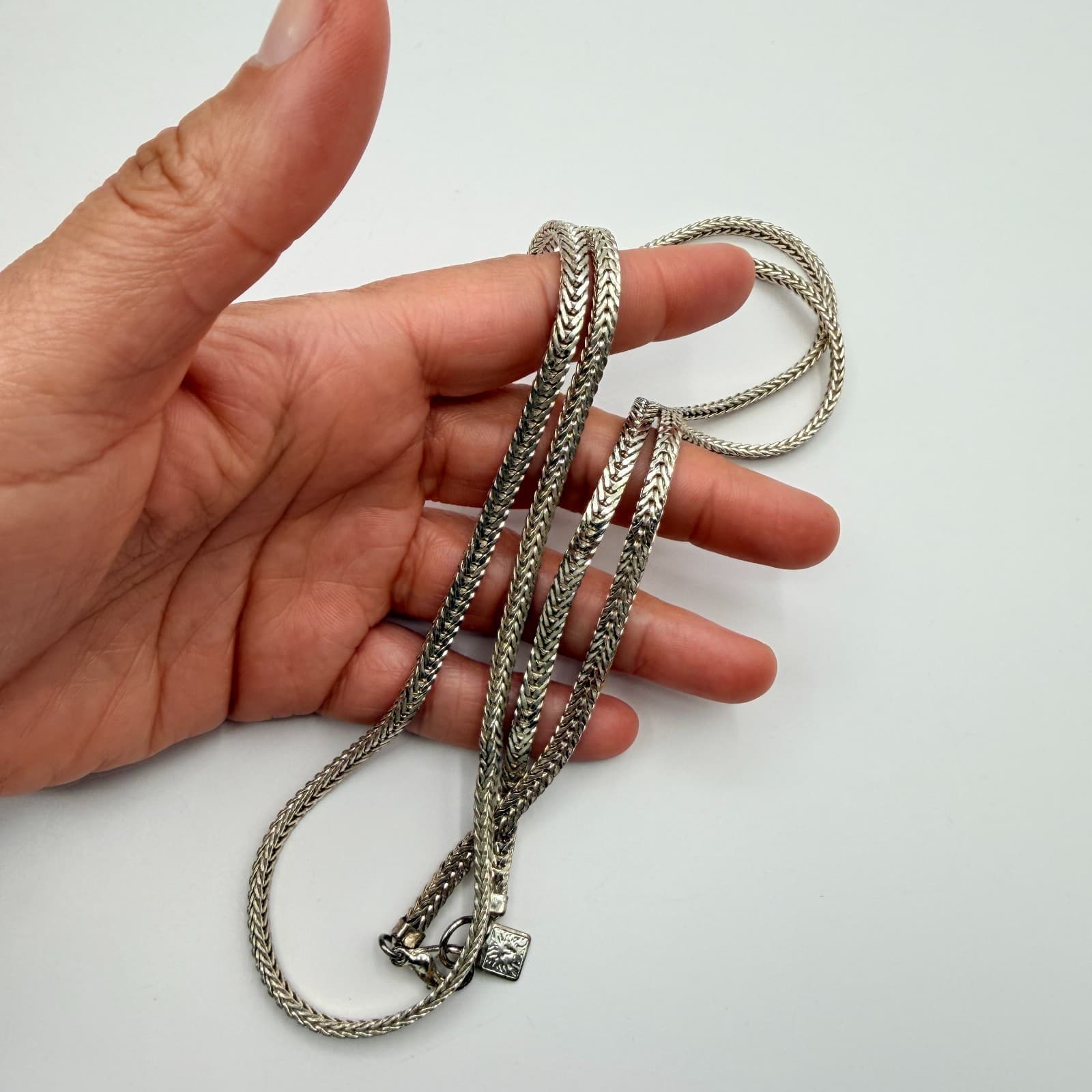 Anne Klein Vintage Silver Tone Wheat Franco Chain Necklace Woven Heavy Link Logo - Thumbnail 7