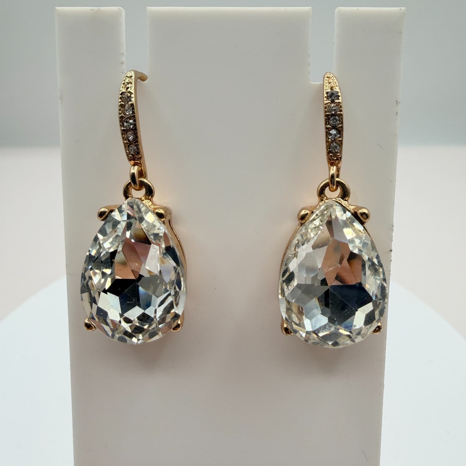 Vintage Gold Tone Rhinestone Statement Jewelry Set Necklace Drop Earrings Bridal - Thumbnail 9