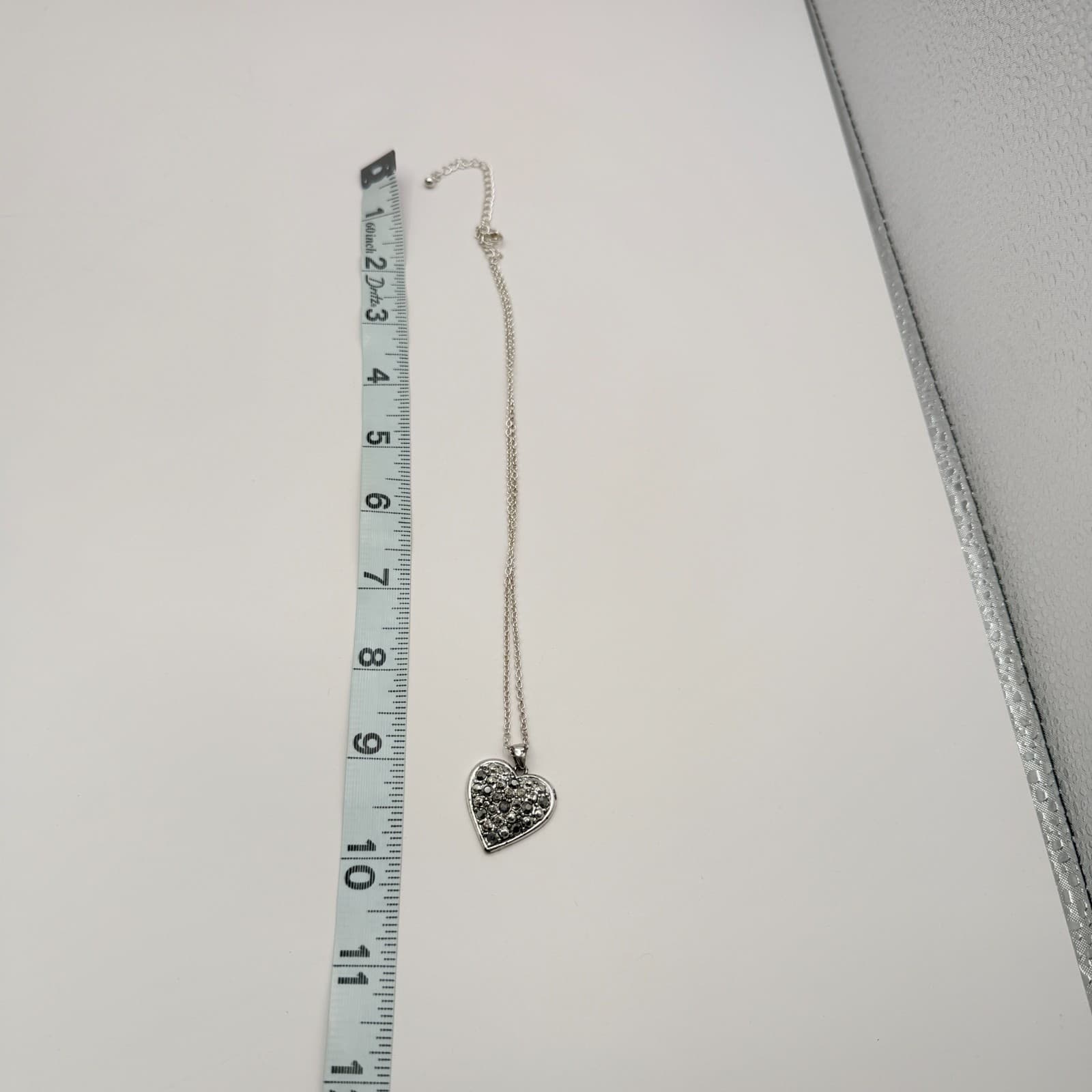 Vintage Silver Tone Black Rhinestone Pave Heart Pendant Necklace Dainty Chain - Thumbnail 7