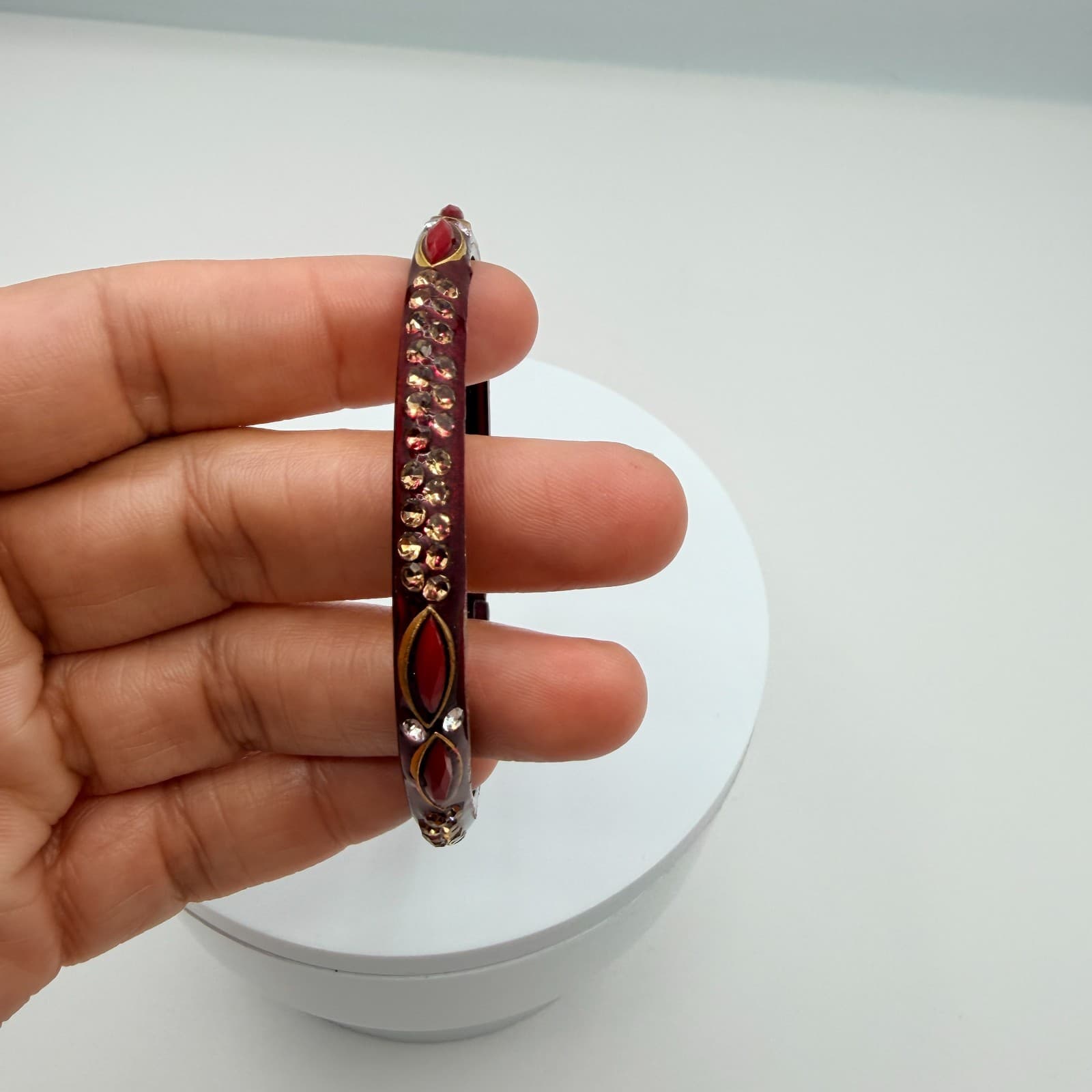 Vintage Dark Red Bangle Bracelet Rhinestone Accents Slim Stackable Retro Boho - Thumbnail 7