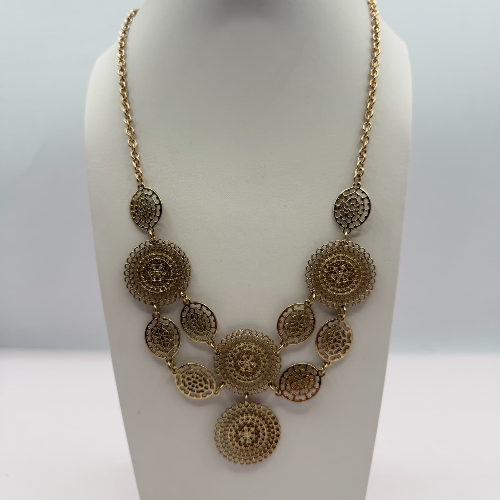 Vintage Gold Tone Filigree Medallion Bib Necklace Multi Tier Openwork Boho 90s - Thumbnail 2