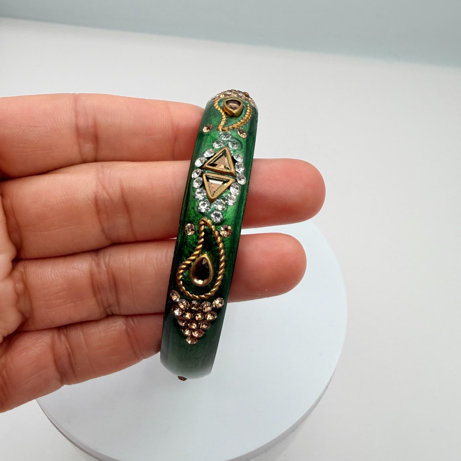 Vintage Green Bangle Bracelet Rhinestone Accents Chunky Statement Retro Boho 90s - Thumbnail 9