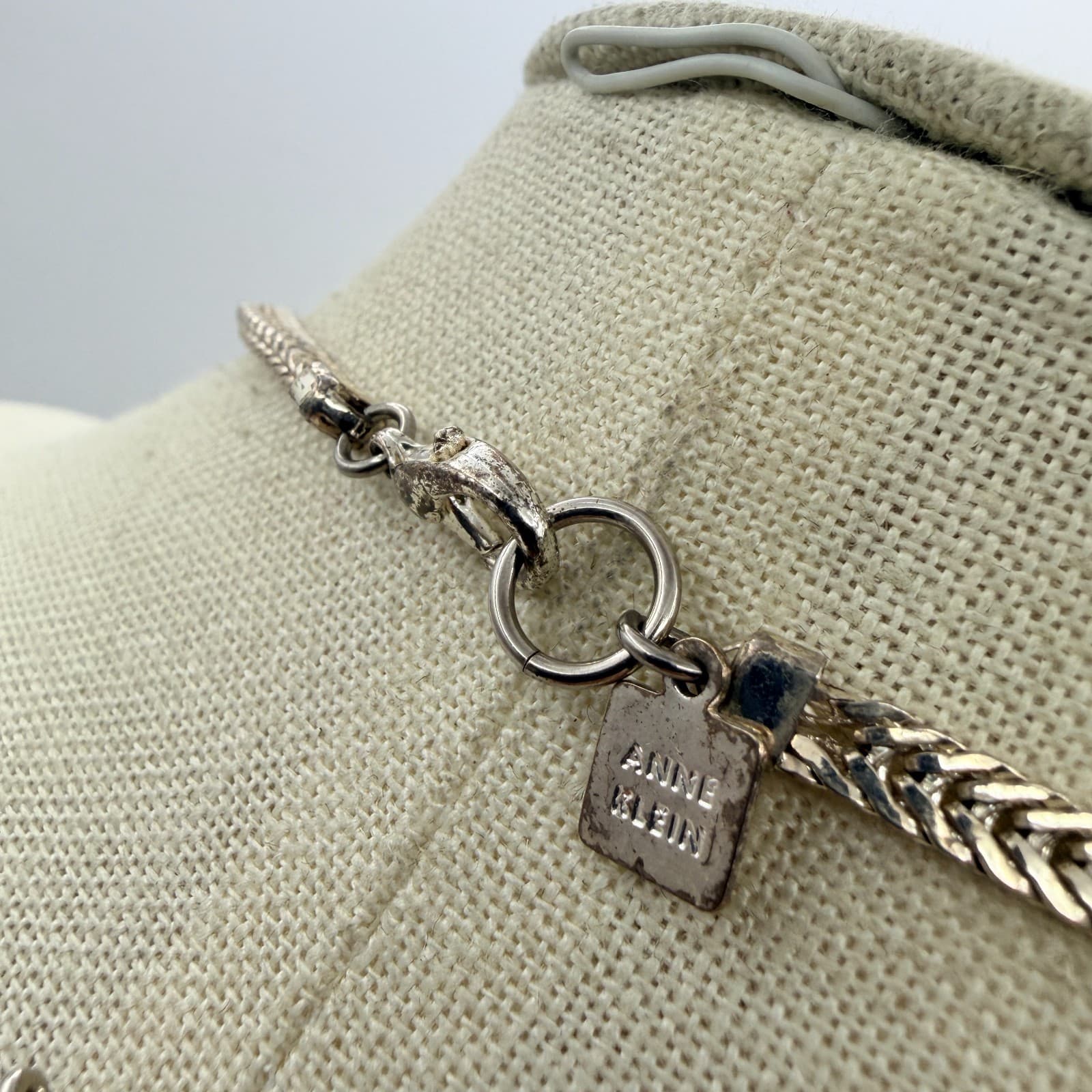 Anne Klein Vintage Silver Tone Wheat Franco Chain Necklace Woven Heavy Link Logo - Thumbnail 6