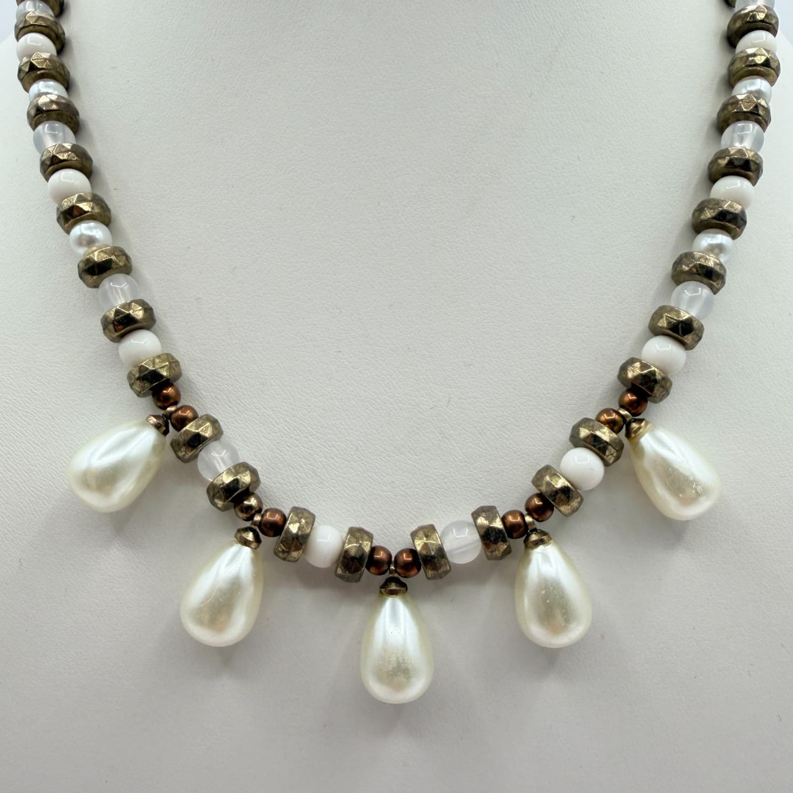 Vintage Faux Pearl Statement Necklace Bracelet Set Gold Tone Chunky Beads Drops - Thumbnail 3