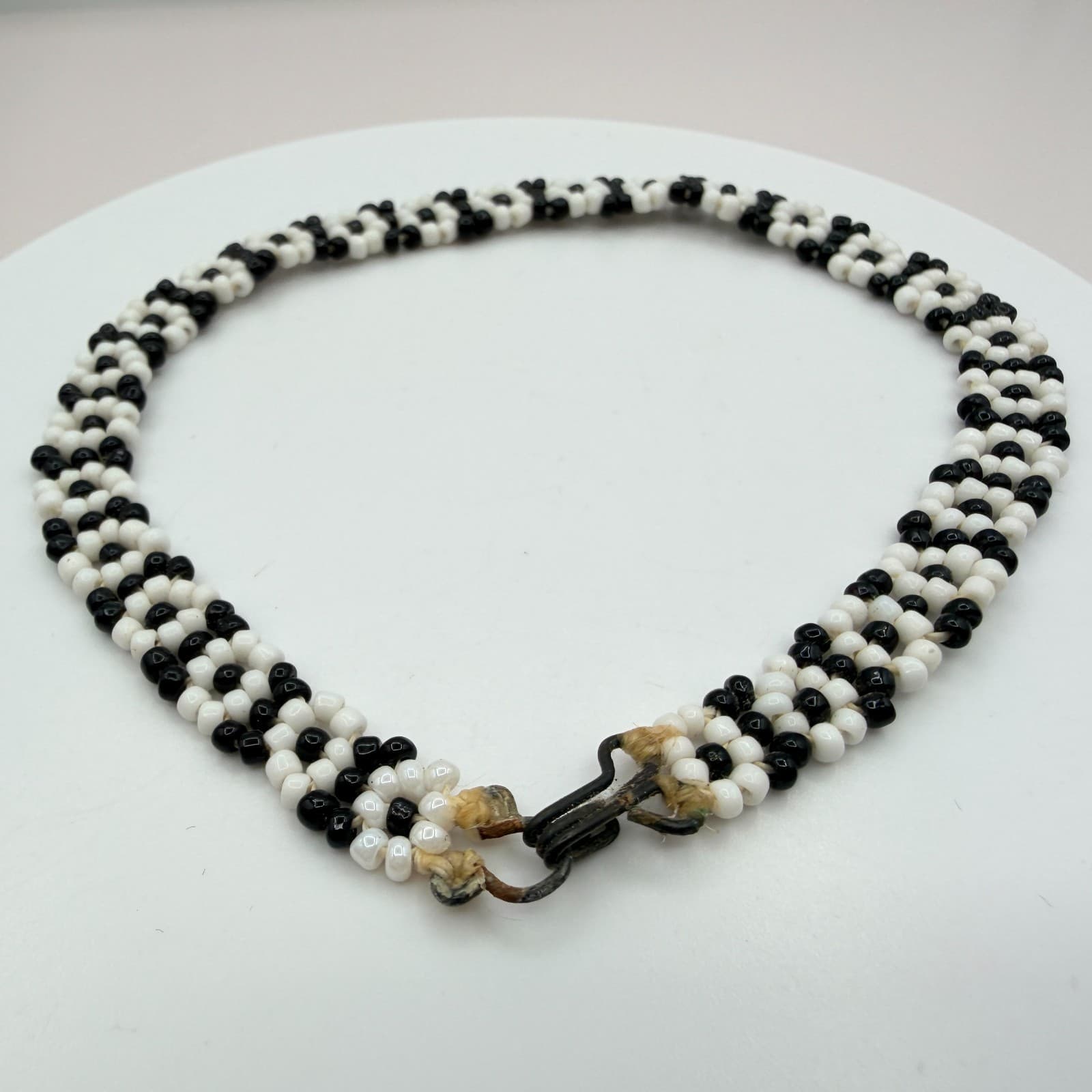 Vintage Black White Seed Bead Jewelry Set Choker Necklace Daisy Chain Bracelet - Thumbnail 12