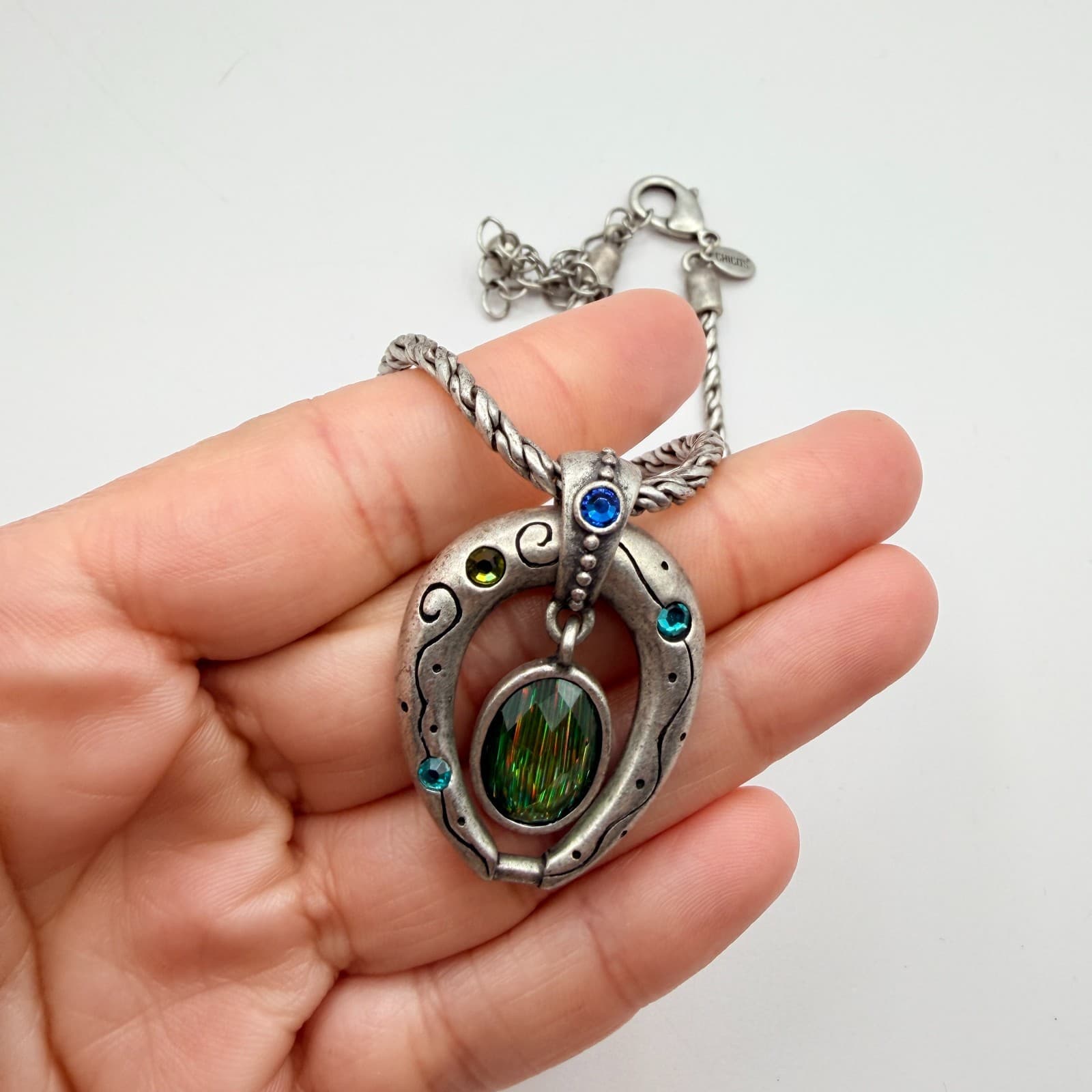 Vintage Silver Tone Horseshoe Pendant Necklace Blue Green Rhinestone Textured - Thumbnail 8