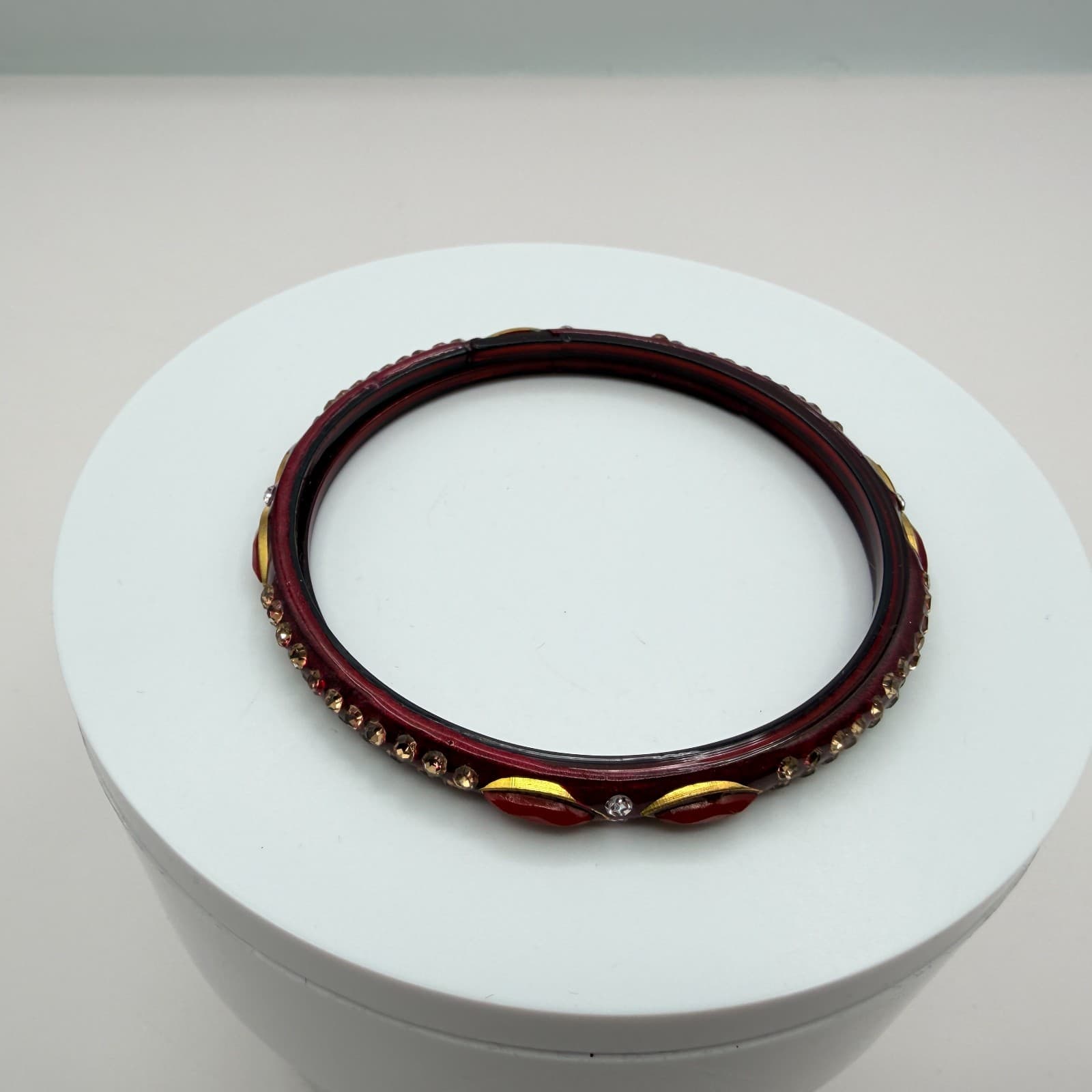 Vintage Dark Red Bangle Bracelet Rhinestone Accents Slim Stackable Retro Boho - Thumbnail 2