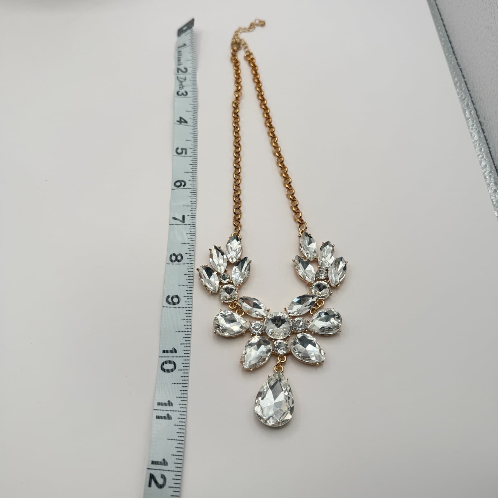 Vintage Gold Tone Rhinestone Statement Jewelry Set Necklace Drop Earrings Bridal - Thumbnail 14