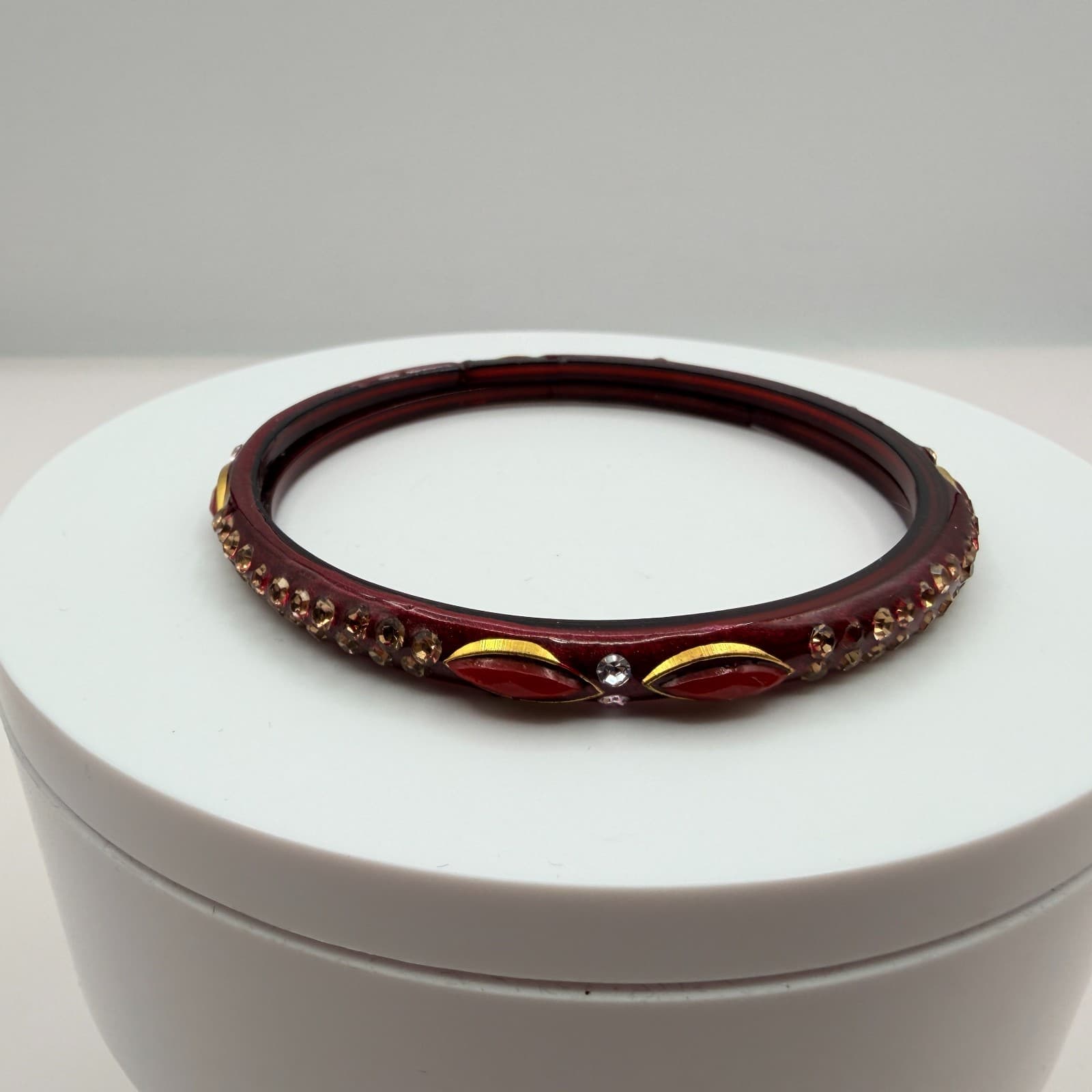 Vintage Dark Red Bangle Bracelet Rhinestone Accents Slim Stackable Retro Boho - Thumbnail 4