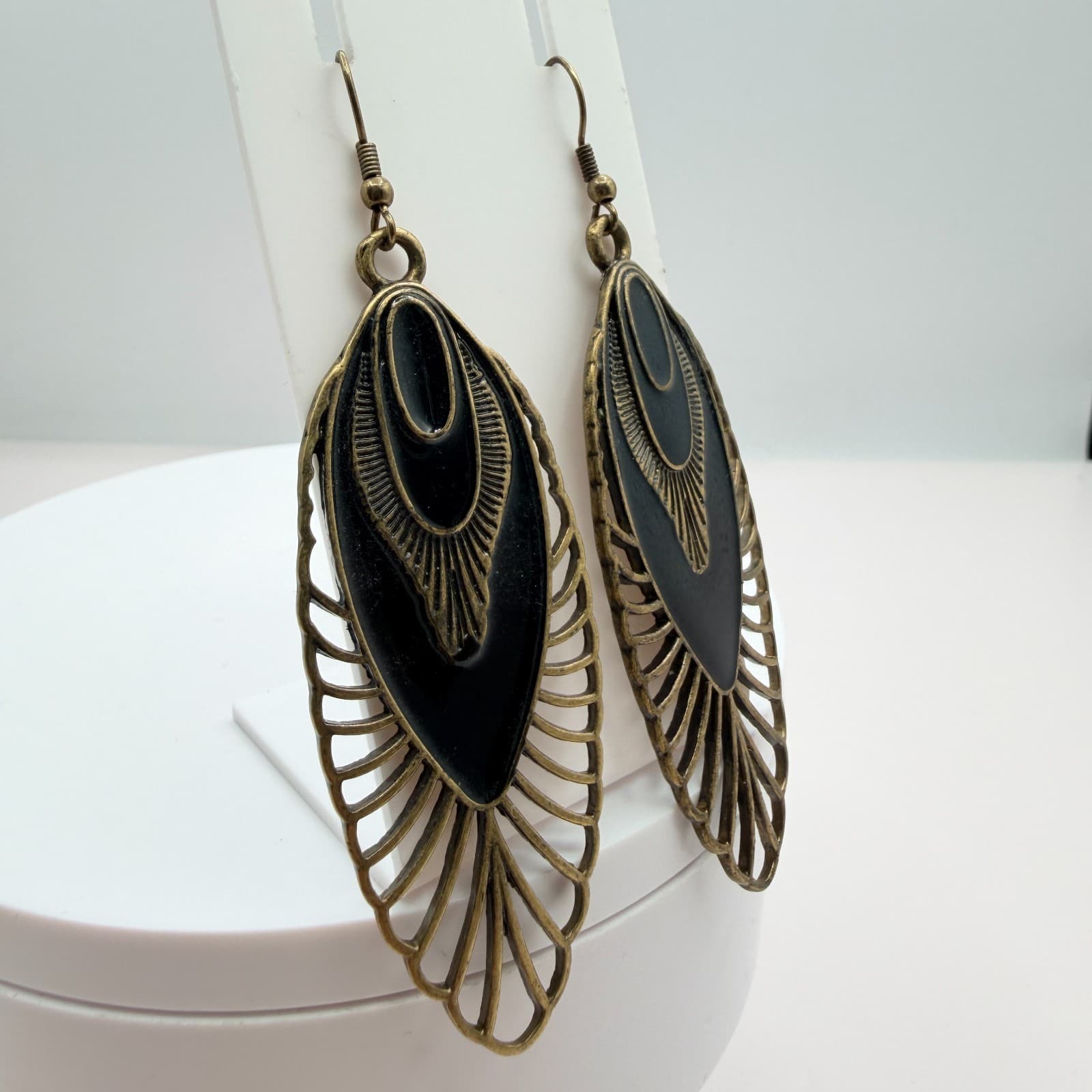 Vintage Gold Tone Dangle Earrings Lot 2 Pairs Teardrop Filigree Enamel Statement - Thumbnail 9