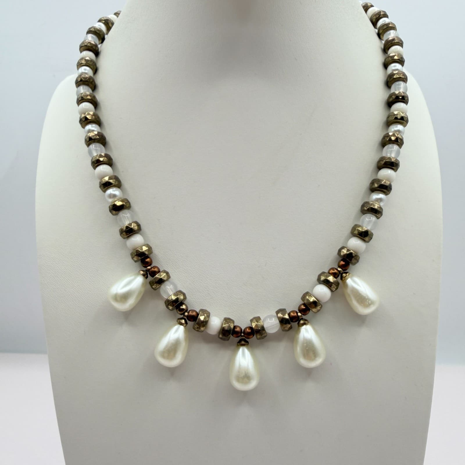 Vintage Faux Pearl Statement Necklace Bracelet Set Gold Tone Chunky Beads Drops - Thumbnail 4