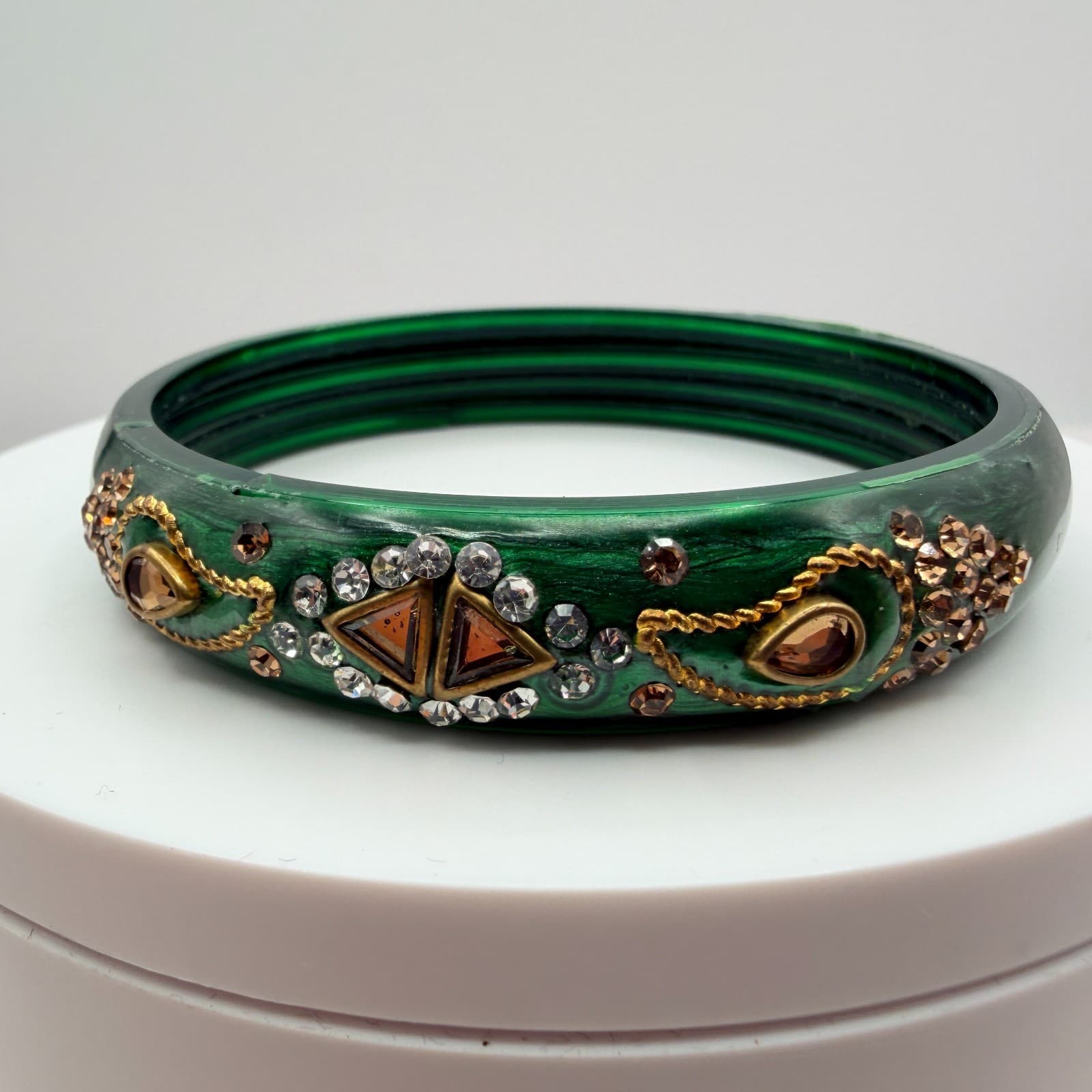 Vintage Green Bangle Bracelet Rhinestone Accents Chunky Statement Retro Boho 90s - Thumbnail 4