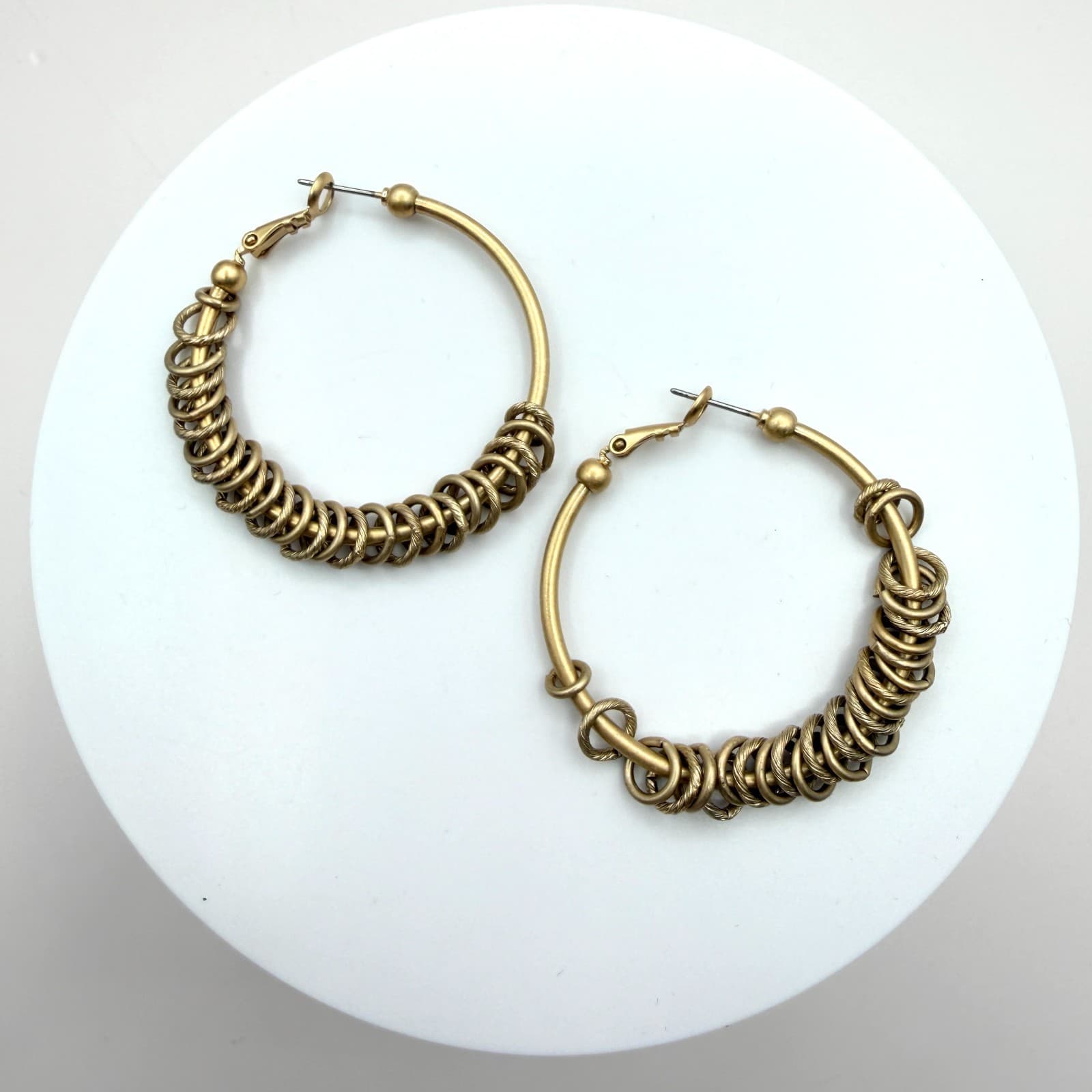 Vintage Gold Tone Hoop Earrings Textured Ribbed Multi Ring Chunky Statement Boho