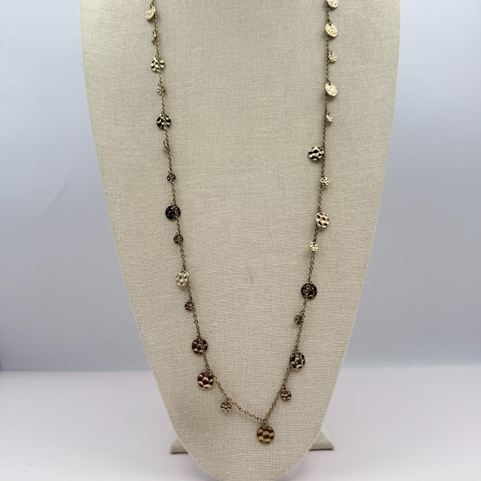 Vintage Gold Tone Long Chain Necklace Multi Textured Disc Stations Minimalist - Thumbnail 2