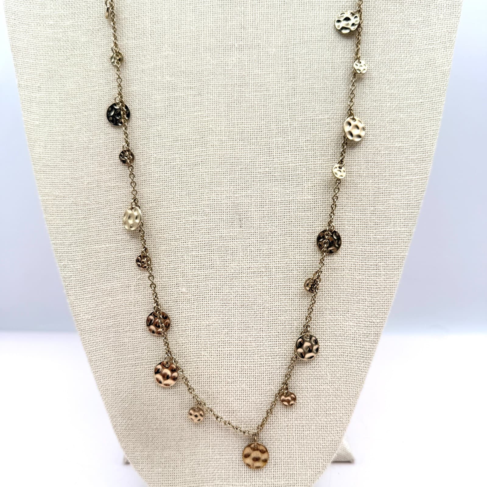 Vintage Gold Tone Long Chain Necklace Multi Textured Disc Stations Minimalist