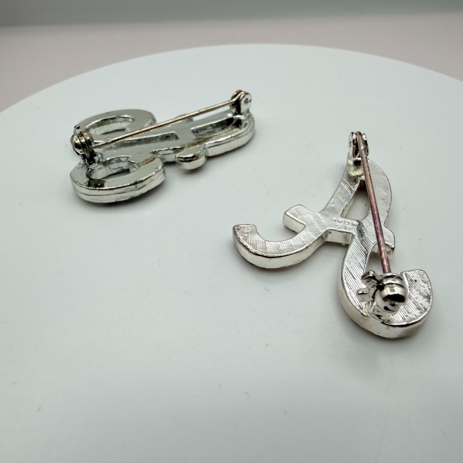 Vintage Silver Tone Initial Letter A Brooch Pin Set Rhinestone Monogram Cursive - Thumbnail 6