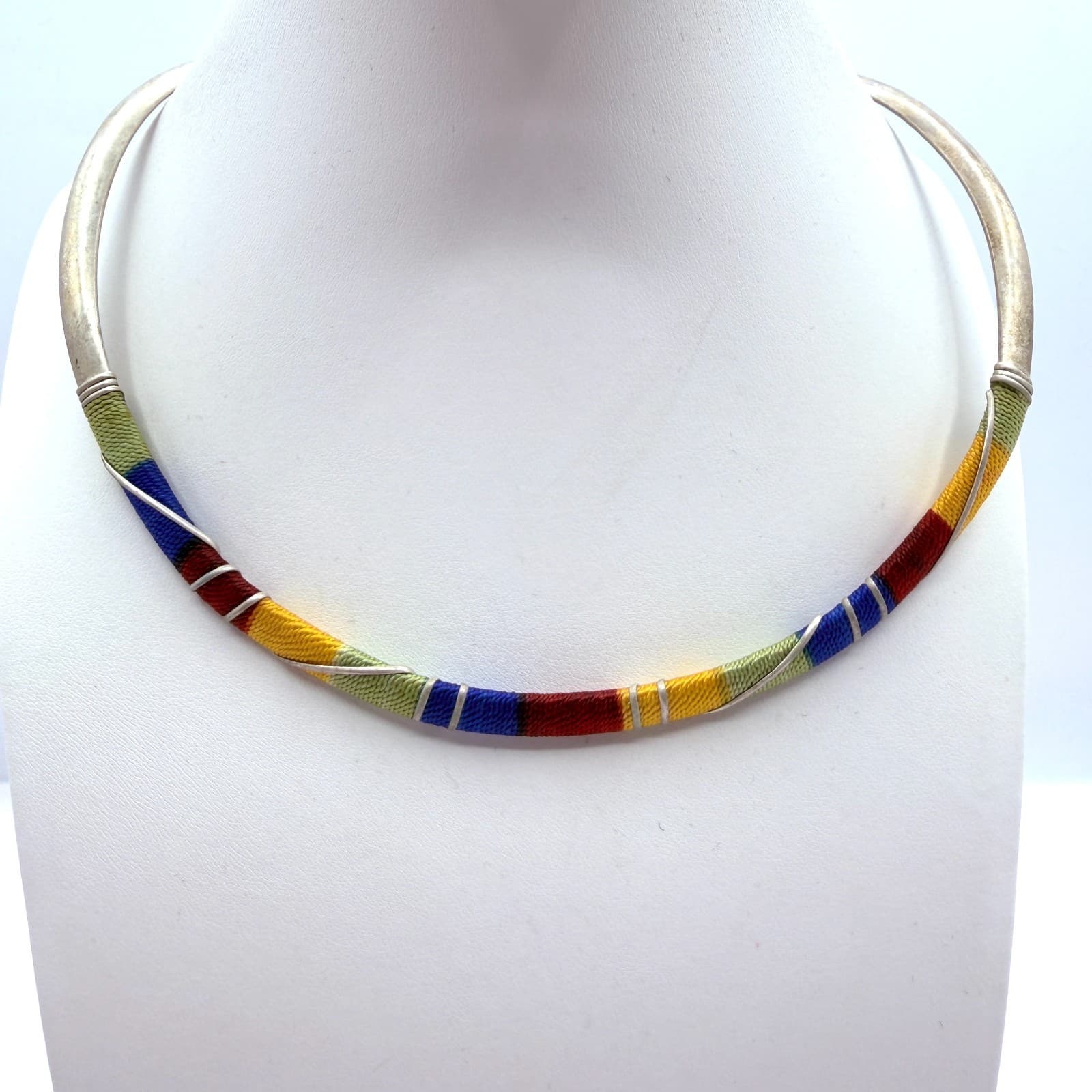 Vintage Silver Tone Thread Wrapped Jewelry Set Collar Necklace Cuff Hoop Earring - Thumbnail 2