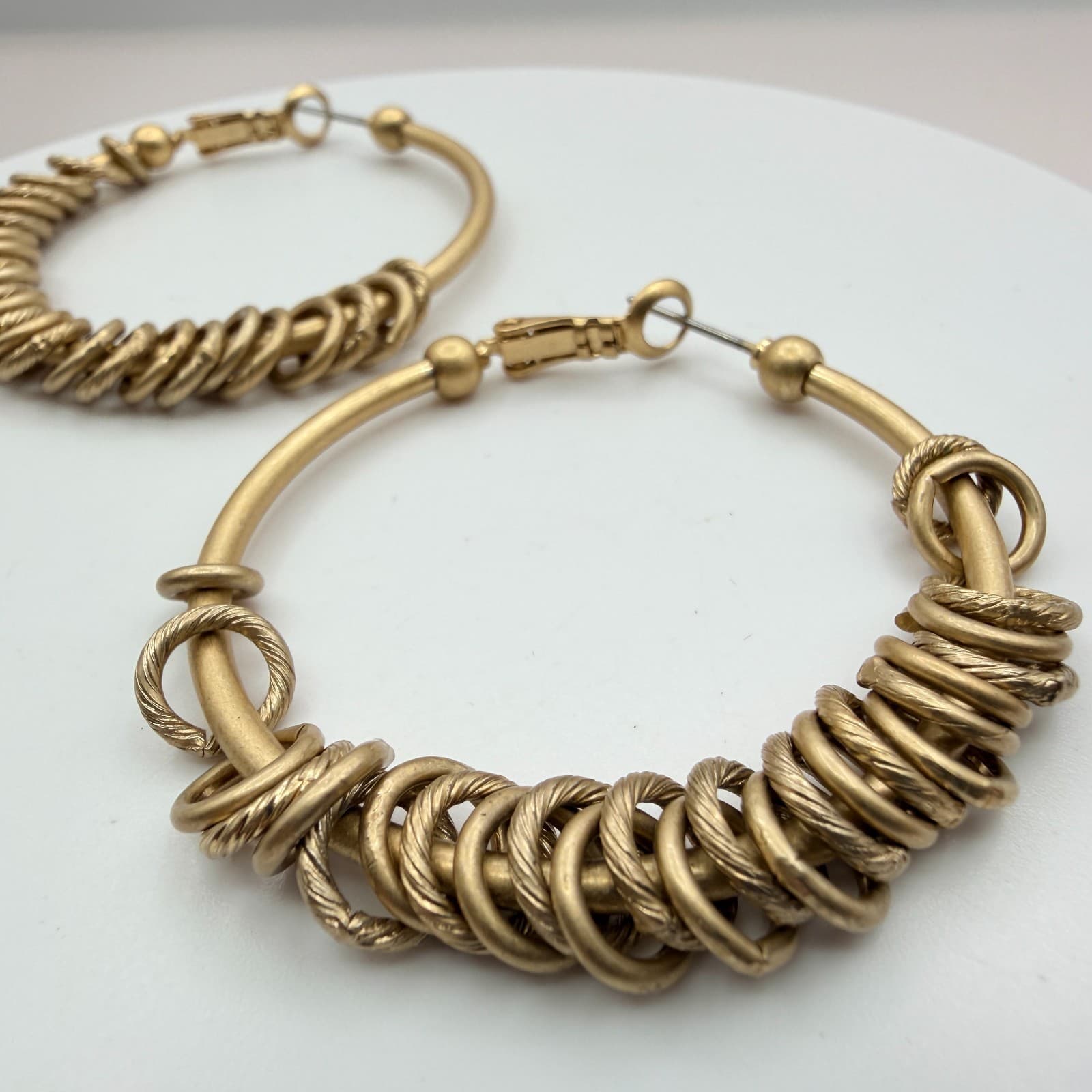 Vintage Gold Tone Hoop Earrings Textured Ribbed Multi Ring Chunky Statement Boho - Thumbnail 4