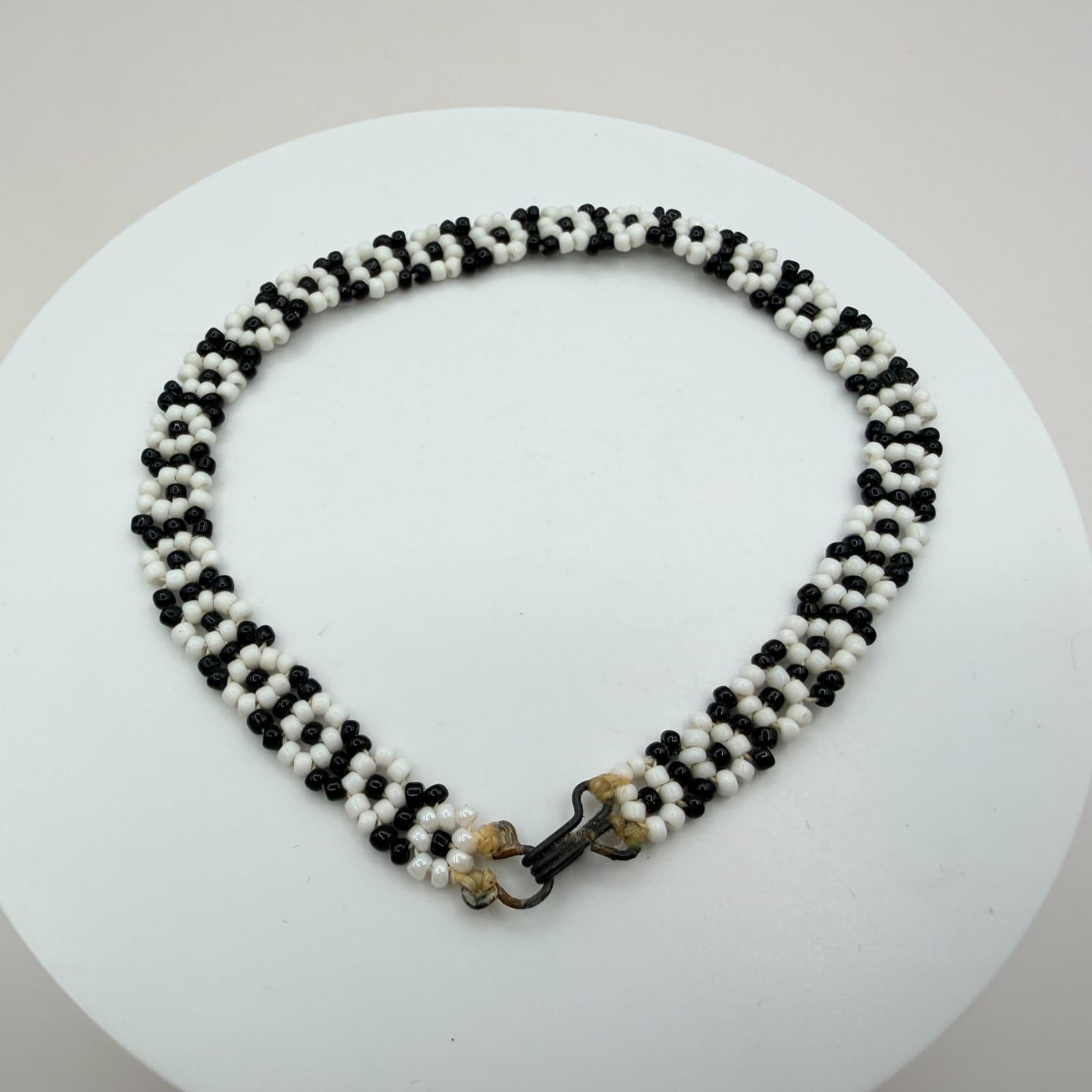Vintage Black White Seed Bead Jewelry Set Choker Necklace Daisy Chain Bracelet - Thumbnail 11